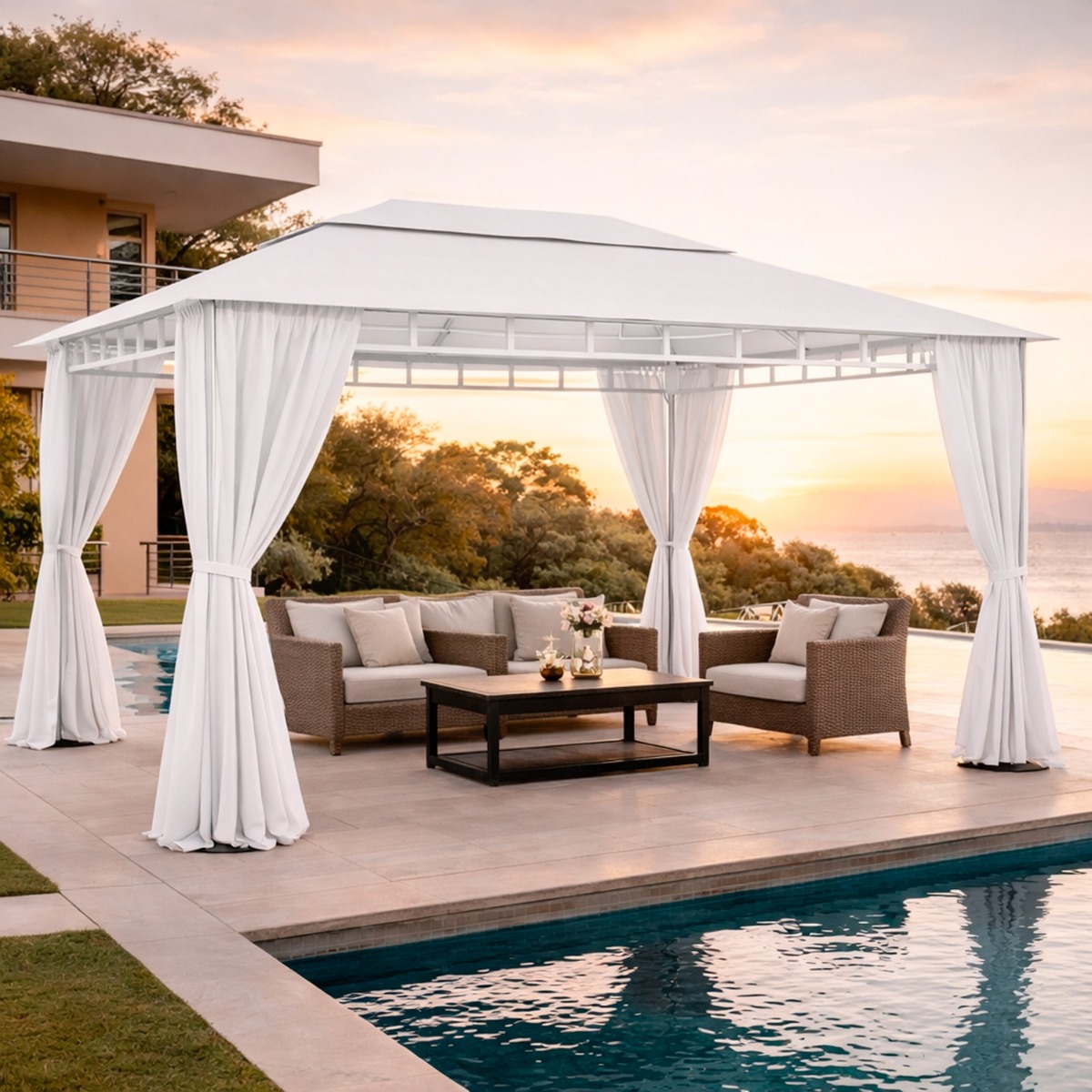 Gazebo Da Giardino 3 x 4 M Con Tende Laterali Richiudibili Struttura In Acciaio Robusto Copertura Impermeabile 180 g/m² Con 4 Teli Laterali Esterno Giardino Piscina Fiere Ombreggiante Privacy Bianco
