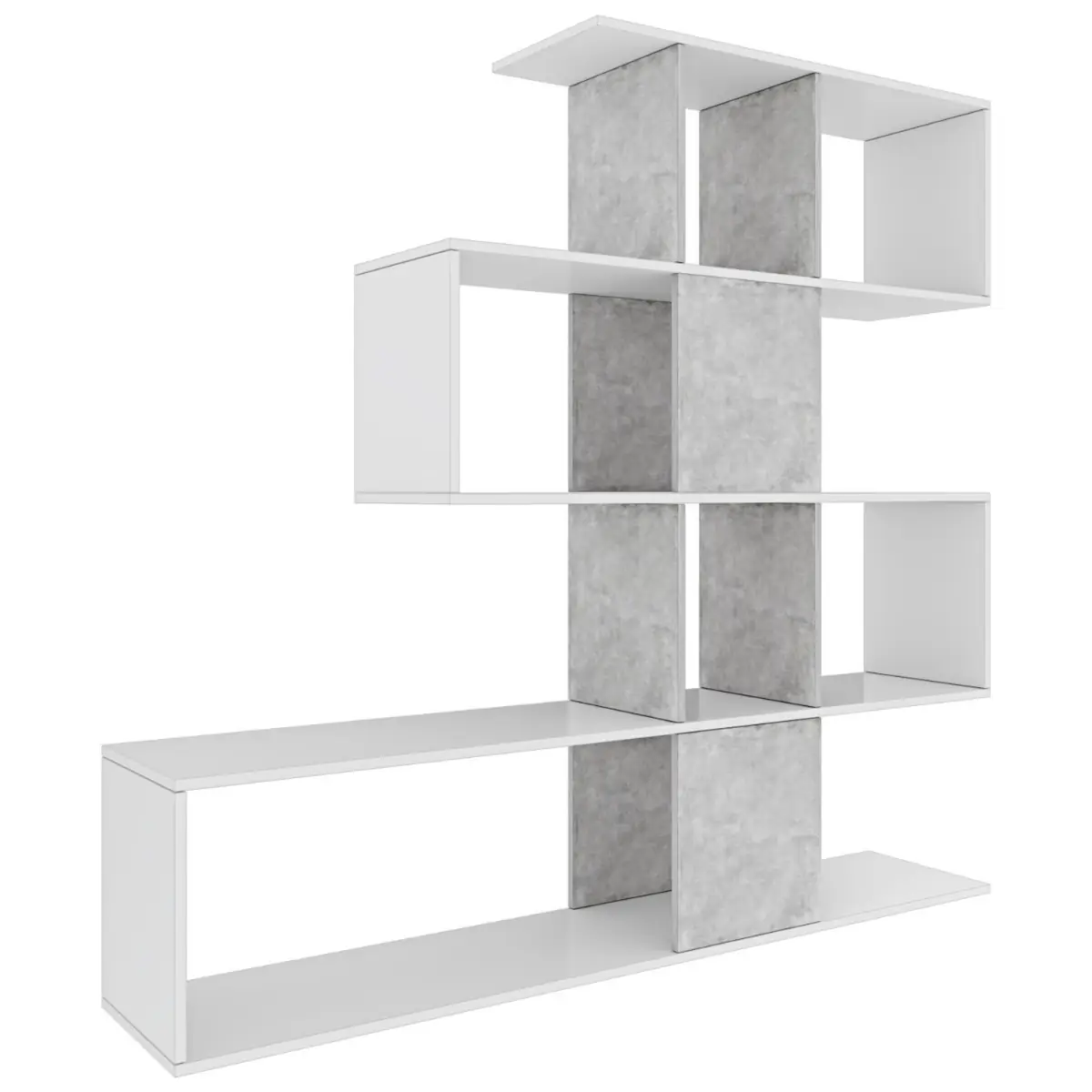 Libreria Elche Design Zig Zag Scaffale Mensola Moderna Mobile per Libri con Ripiani per Soggiorno Salotto 145 x 145 x 29 cm (Colore Bianco e Grigio Cemento)