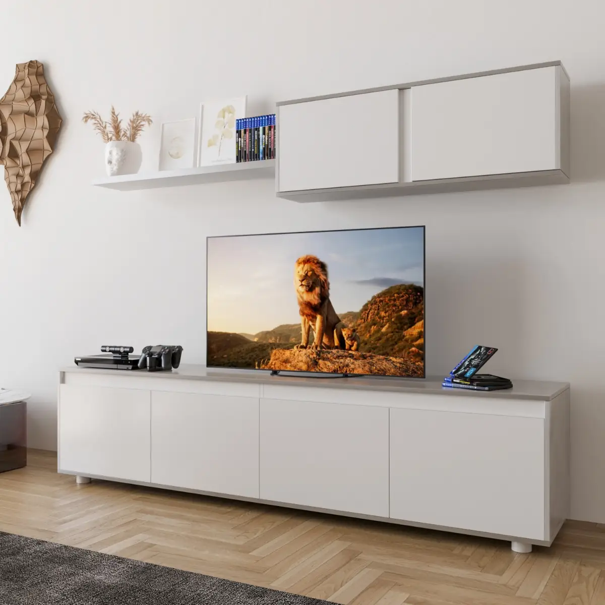 Parete Attrezzata Ginevra Mobile Soggiorno TV con Mensole Salotto Legno Base Televisione Sala da Pranzo Design Moderno 200 x 41 x 43 cm Colore Bianco e Cemento