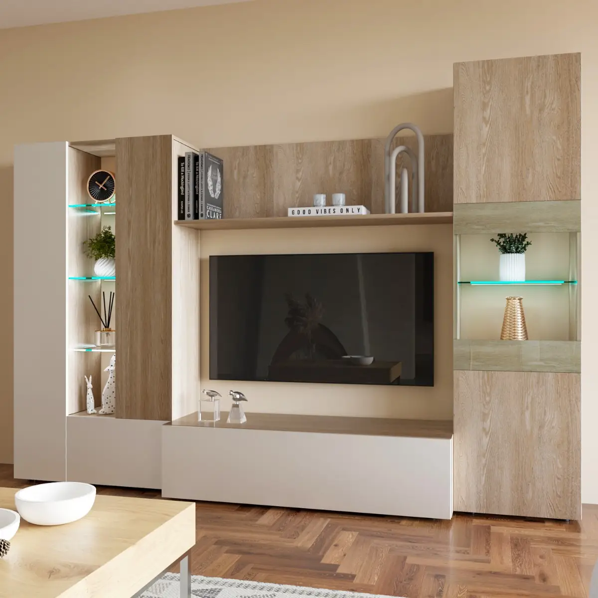 Parete Attrezzata Mobile Soggiorno TV Per Salotto Base Televisione Con Scaffali Illuminati Con LED Per Sala Da Pranzo Design Legno Moderno 260 x 185  x 42 cm Colore Bianco Lucido - Rovere