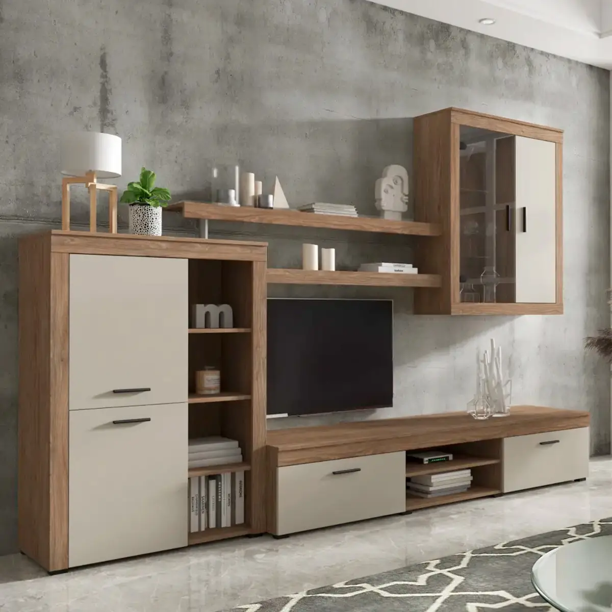 Parete Attrezzata Da Soggiorno Salotto Moderna Con Ante Mensole Vani A Giorno Vetrinetta Mobile TV Design Moderno Moduli Sospesi 293 x 193 x 50 Cm Bianco E Rovere Scuro