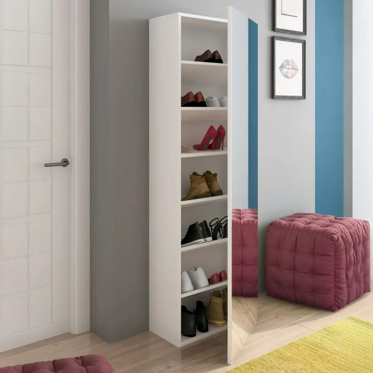 Scarpiera con Specchio Salvaspazio 7 Ripiani Per 14 Paia Di Scarpe Anta Reversibile Design Moderno Ingresso Camera Cameretta Minimal 160 x 52 x 23 Cm Bianco Lucido