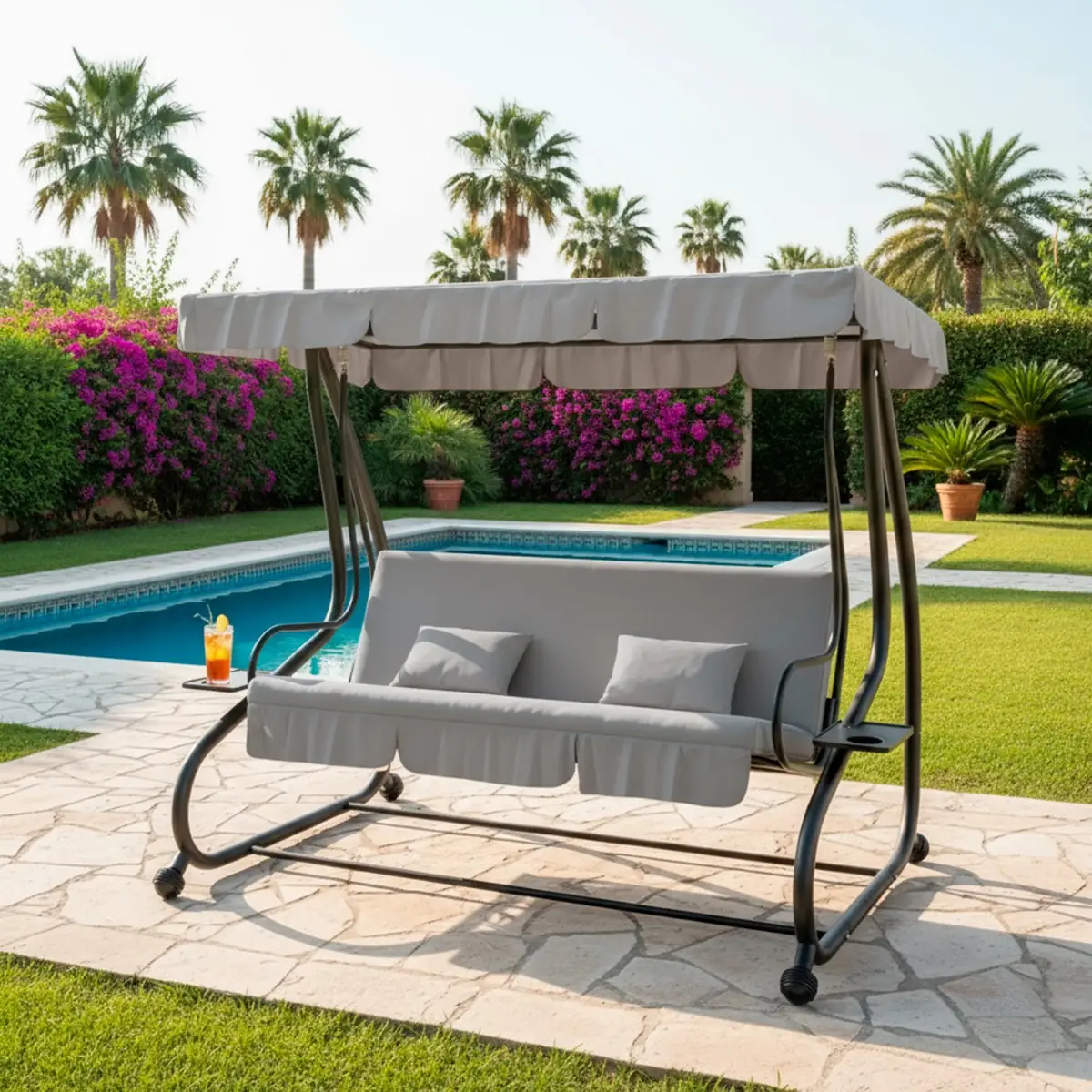 Dondolo 3 Posti Reclinabile Porto Tettuccio Parasole Regolabile Cuscini Imbottiti Diventa Letto Struttura Robusta In Acciaio Verniciato Giardino Esterno Balcone Terrazzo 200 x 120 x 160 cm Grigio