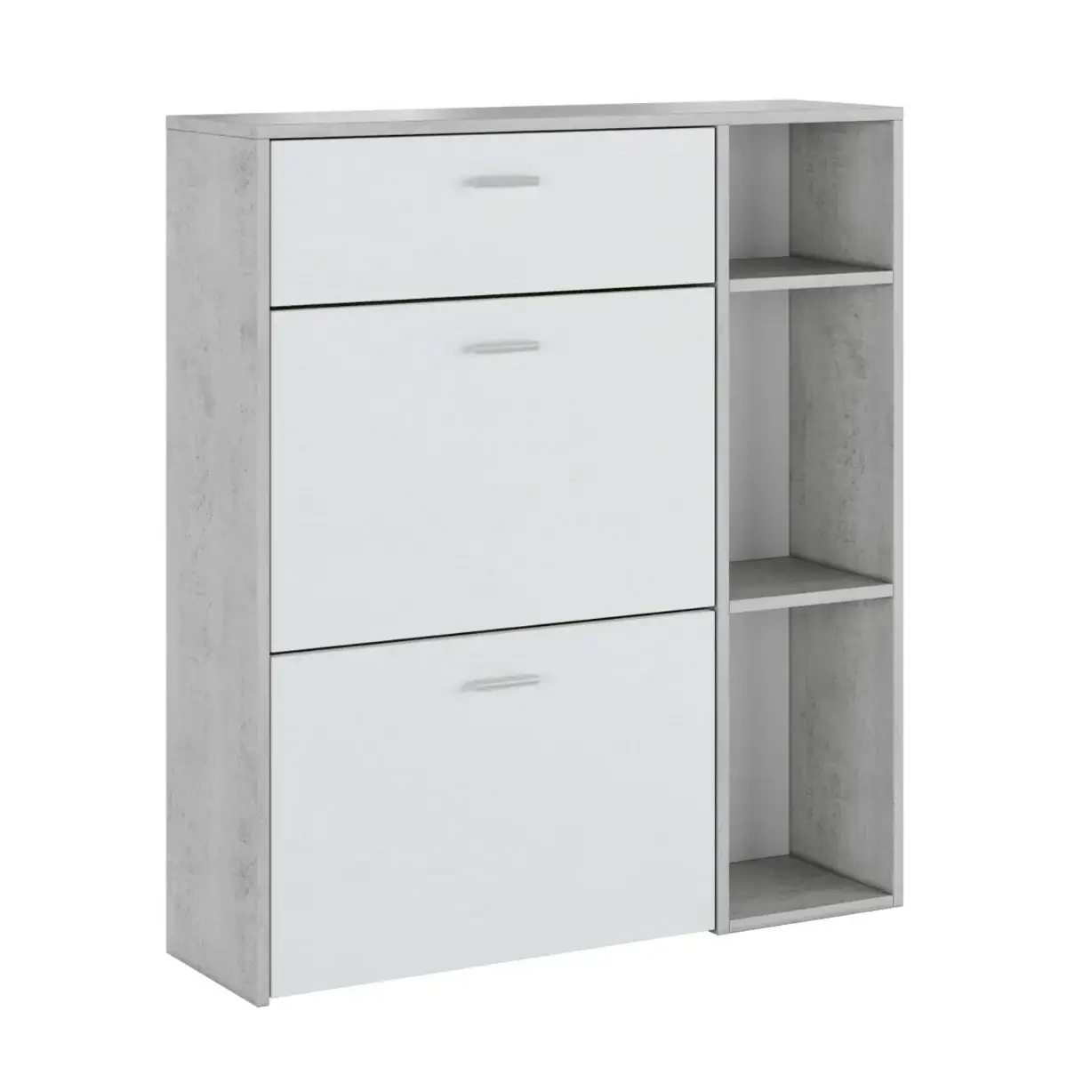 Scarpiera Mobile Portascarpe Salvaspazio Ingresso Con 2 Ribalte Doppia Profondità 1 Cassetto 3 Vani A Giorno Design Moderno Per Corridoio Sala 90 x 101.5 x 26 Cm Bianco e Grigio Cemento