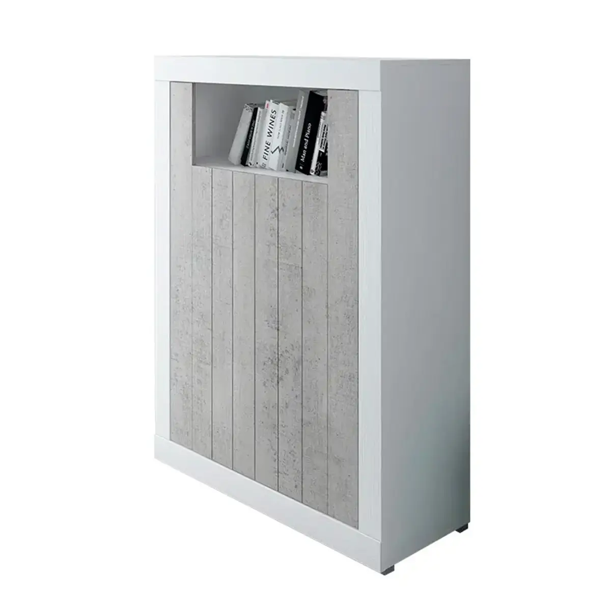 Credenza Alta Commodoro con 2 Ante E Vano A Giorno Madia Soggiorno Cucina, Mobile Moderno con Vani Multi Spazio e Ripiani Credenza in Legno, 110 x 144 x 42 cm Colore Bianco e Grigio Cemento