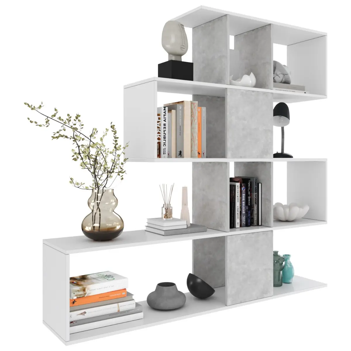 Libreria Moderna Asimmetrica Porta Libri Mensole Ripiani Design Bifacciale Con Vani Aperti e Chiusi Soggiorno Salotto 145 x 27,8 x 142 Cm Bianco e Grigio Cemento