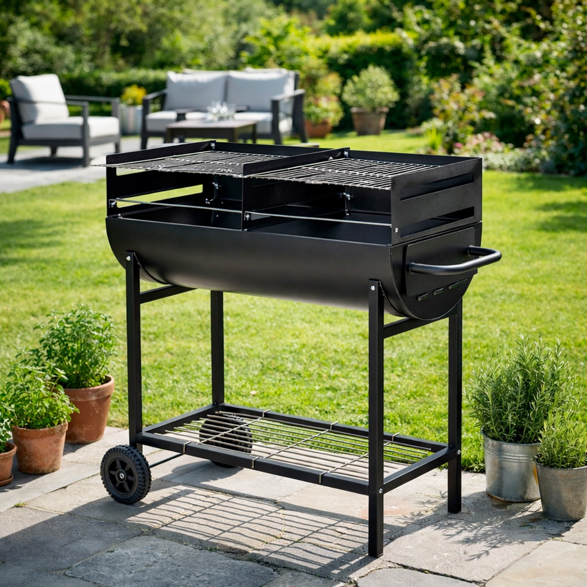 Barbecue A Carbone Con 2 Griglie Regolabili BBQ In Acciaio Resistente Con Ruote E Ripiano Portaoggetti Ideale Per Giardino Terrazzo E Grigliate All Aperto 90 x 45 x 96 Cm Nero -Nero-90 x 45 cm