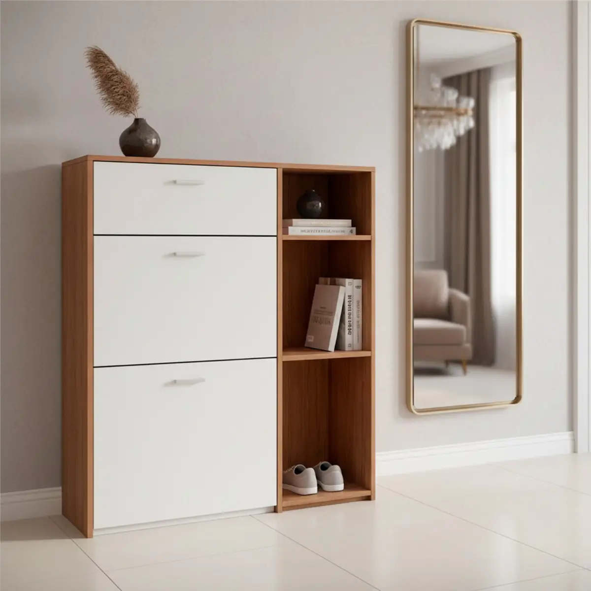 Scarpiera Mobile Portascarpe Salvaspazio Ingresso Con 2 Ribalte Doppia Profondità 1 Cassetto 3 Vani A Giorno Design Moderno Per Corridoio Sala 90 x 101.5 x 26 Cm Bianco e Noce