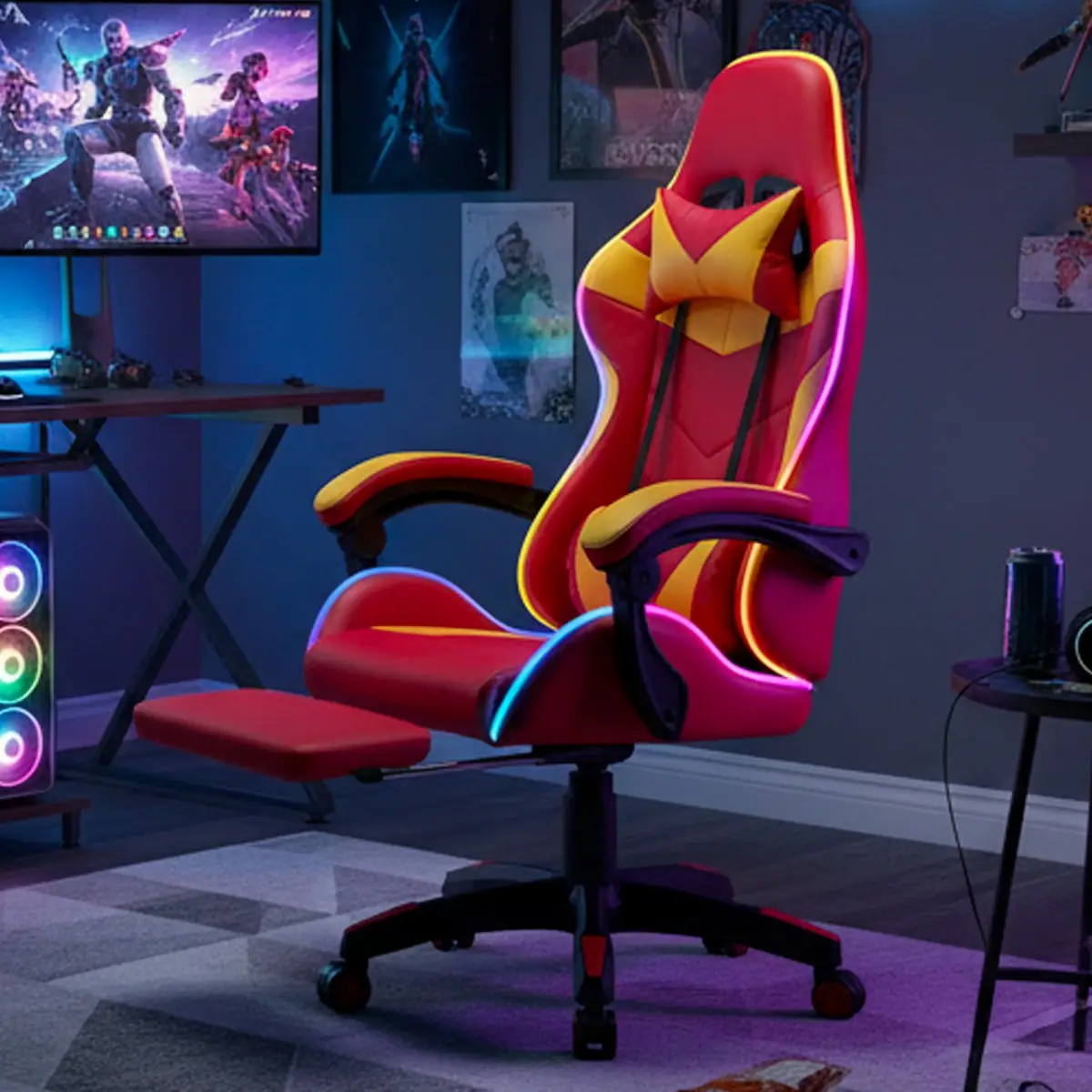 Sedia Gaming Con LED RGB e Telecomando Poltrona Ufficio Scrivania Casa PC Stile Racing Girevole Ergonomica In Ecopelle Cuscino Supporto Lombare Poggiapiedi Poggiatesta Braccioli (Rosso e Giallo)
