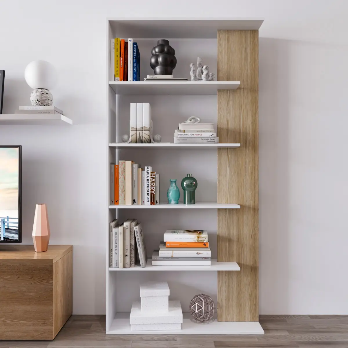 Libreria Santa Cruz Design Scaffale Mensola Moderna Bianca Rovere Chiaro Mobile Per Libri Con Ripiani Per Soggiorno Salotto 180 x 90 x 2