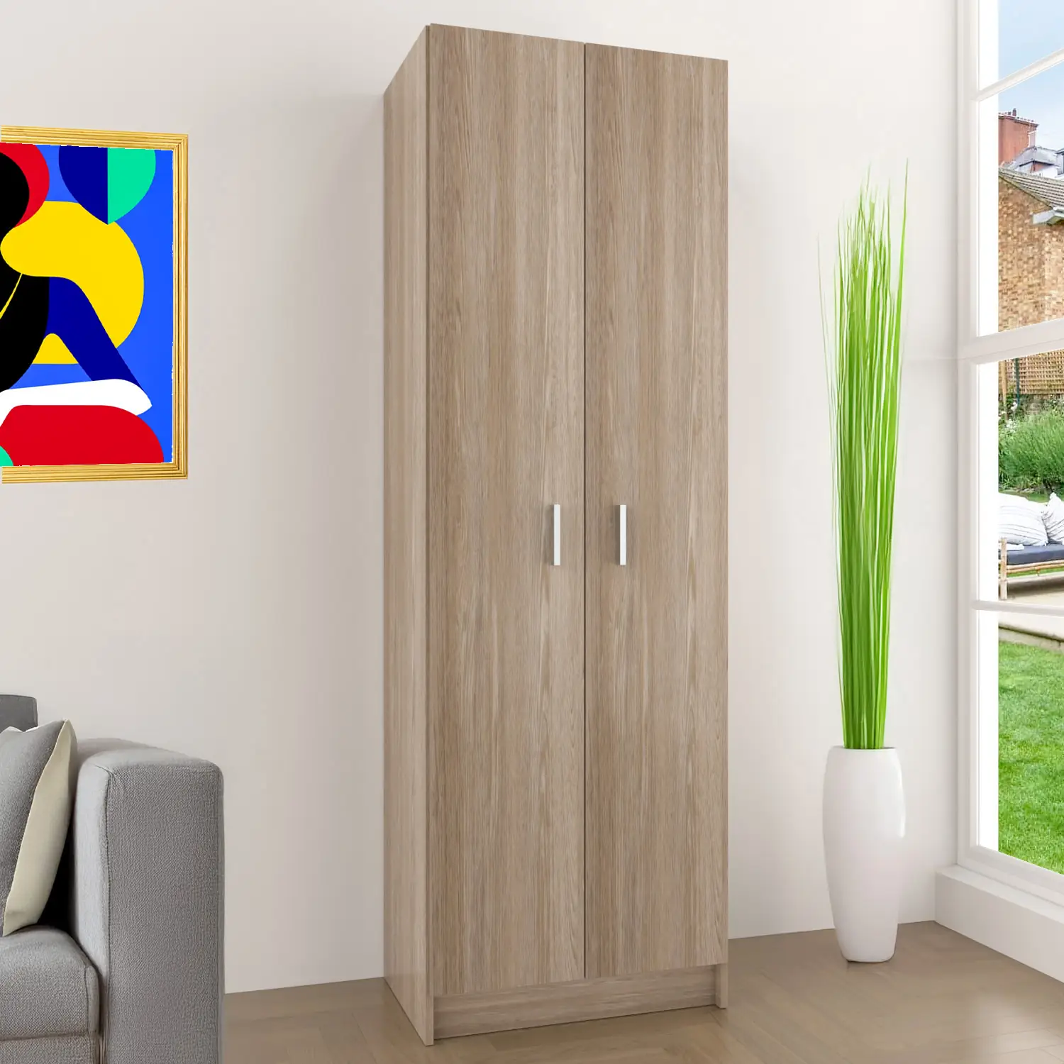 Alphabet Armadio Armadietto Multiuso A Colonna con 2 Ante e 8 Ripiani Ingresso Camera da Letto 59 x 37 x 180 Cm Colore Rovere Chiaro