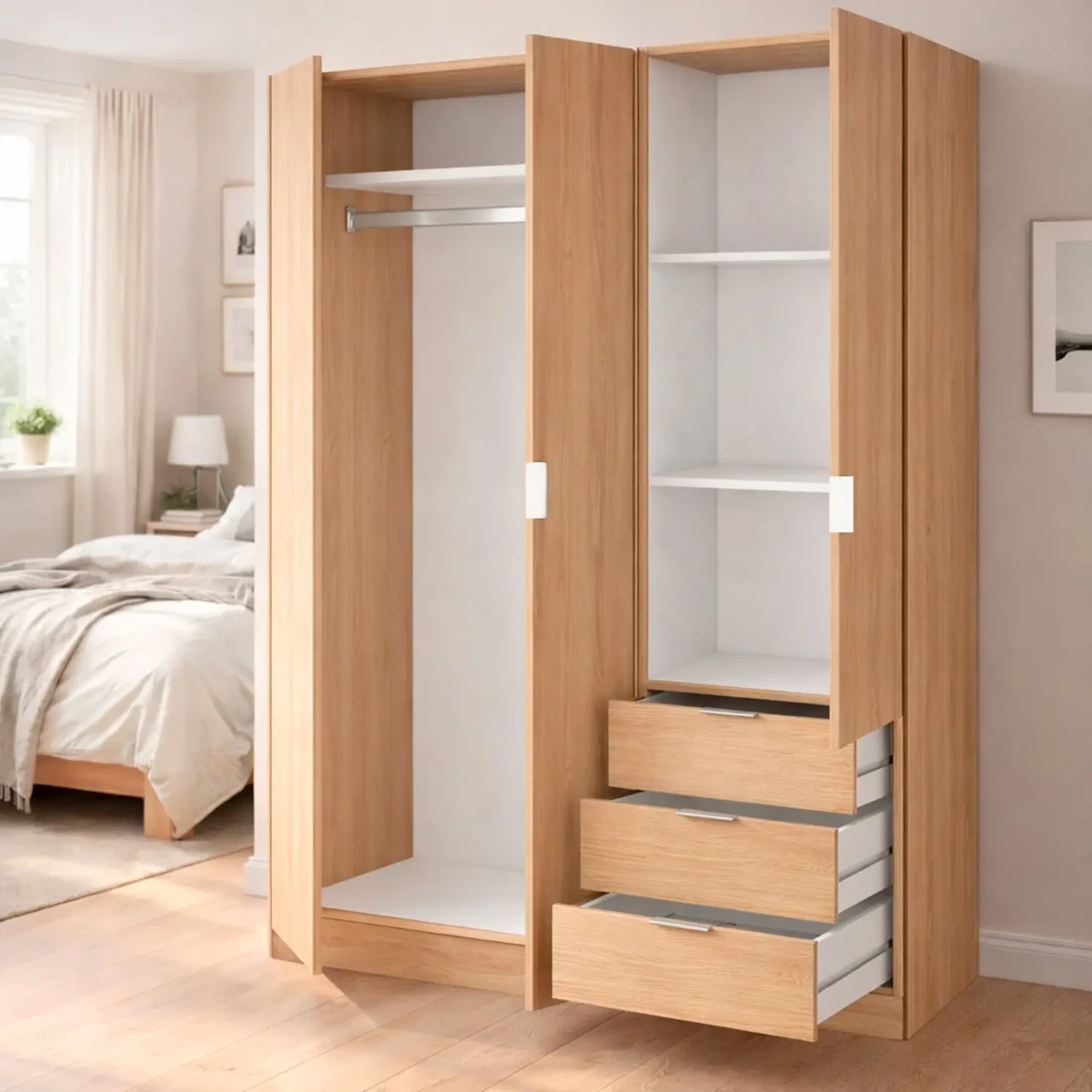 Armadio Con 3 Ante Battenti E 3 Cassetti Armadietto Con Asta Appendi Abiti E 3 Ripiani Ideale Per Camera Da Letto Soggiorno Salone Ingresso Design Moderno Lancaster 180 x 121 x 52 Cm