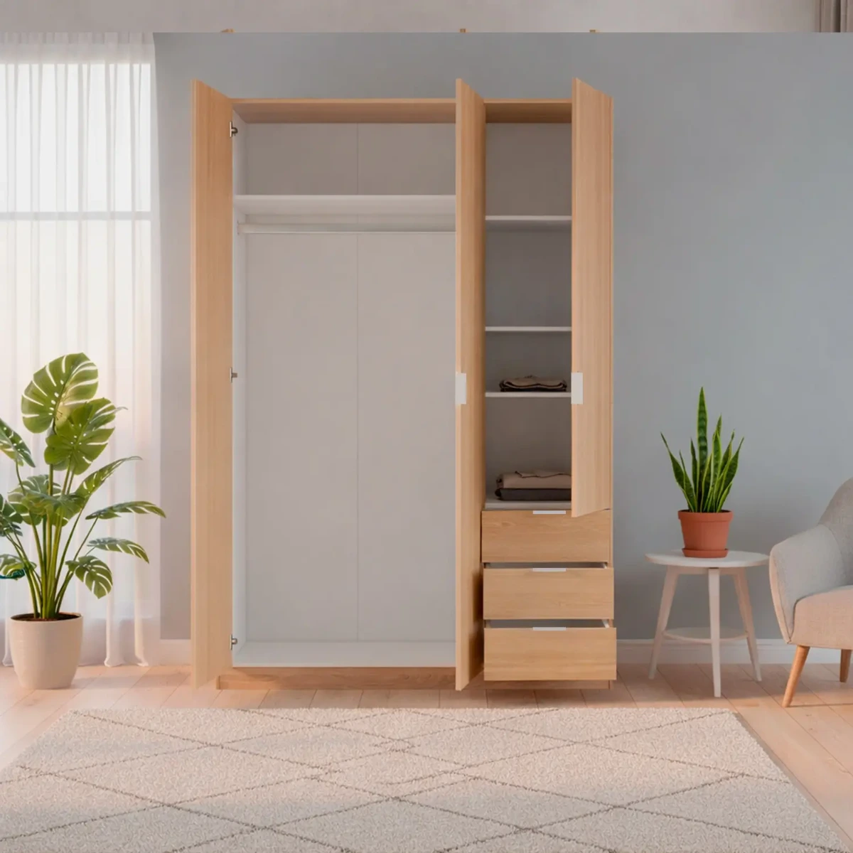Armadio Con 3 Ante Battenti E 3 Cassetti Armadietto Con Asta Appendi Abiti E 3 Ripiani Ideale Per Camera Da Letto Soggiorno Salone Ingresso Design Moderno Lancaster 180 x 121 x 52 Cm
