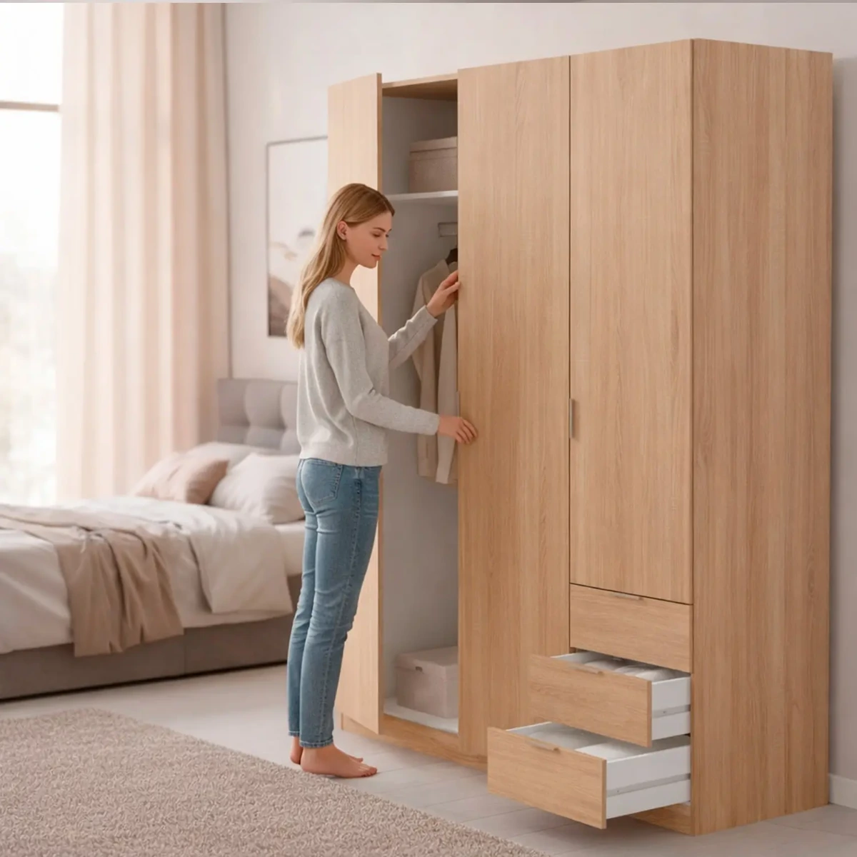 Armadio Con 3 Ante Battenti E 3 Cassetti Armadietto Con Asta Appendi Abiti E 3 Ripiani Ideale Per Camera Da Letto Soggiorno Salone Ingresso Design Moderno Lancaster 180 x 121 x 52 Cm