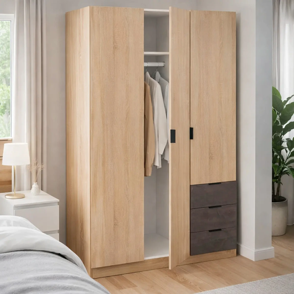 Armadio Guardaroba 3 Ante 3 Cassetti E 4 Ripiani Stile Industriale Con Appendiabiti Per Camera Da Letto Moderna Corridoio Cameretta Urban Design 180 x 121 x 52 Cm