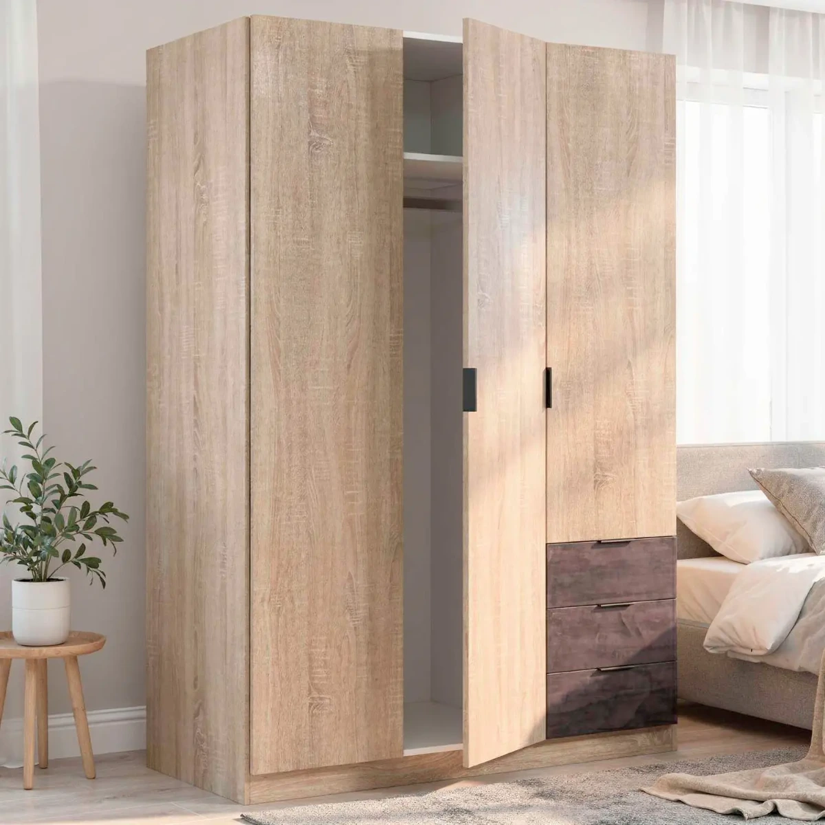 Armadio Guardaroba 3 Ante 3 Cassetti E 4 Ripiani Stile Industriale Con Appendiabiti Per Camera Da Letto Moderna Corridoio Cameretta Urban Design 180 x 121 x 52 Cm