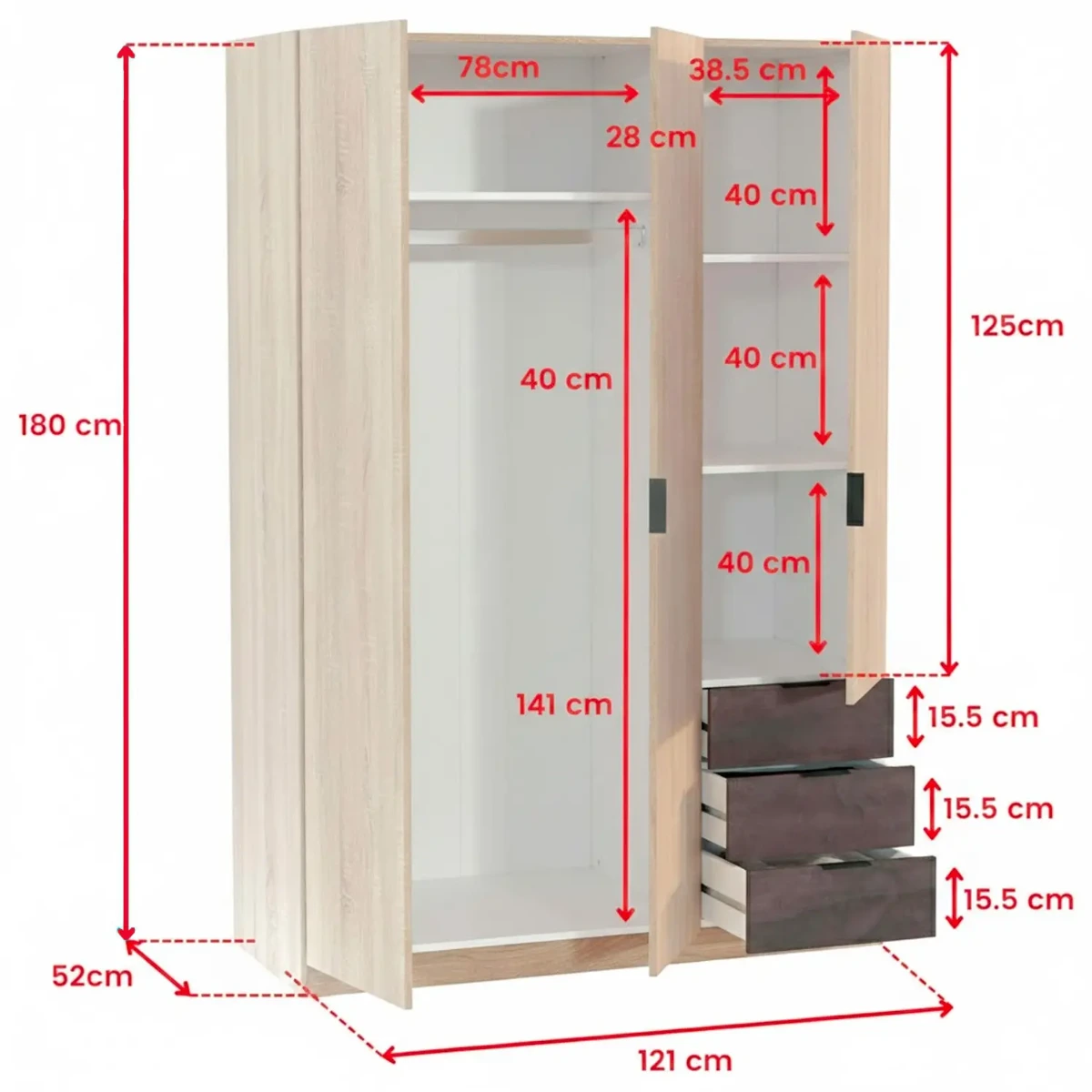 Armadio Guardaroba 3 Ante 3 Cassetti E 4 Ripiani Stile Industriale Con Appendiabiti Per Camera Da Letto Moderna Corridoio Cameretta Urban Design 180 x 121 x 52 Cm