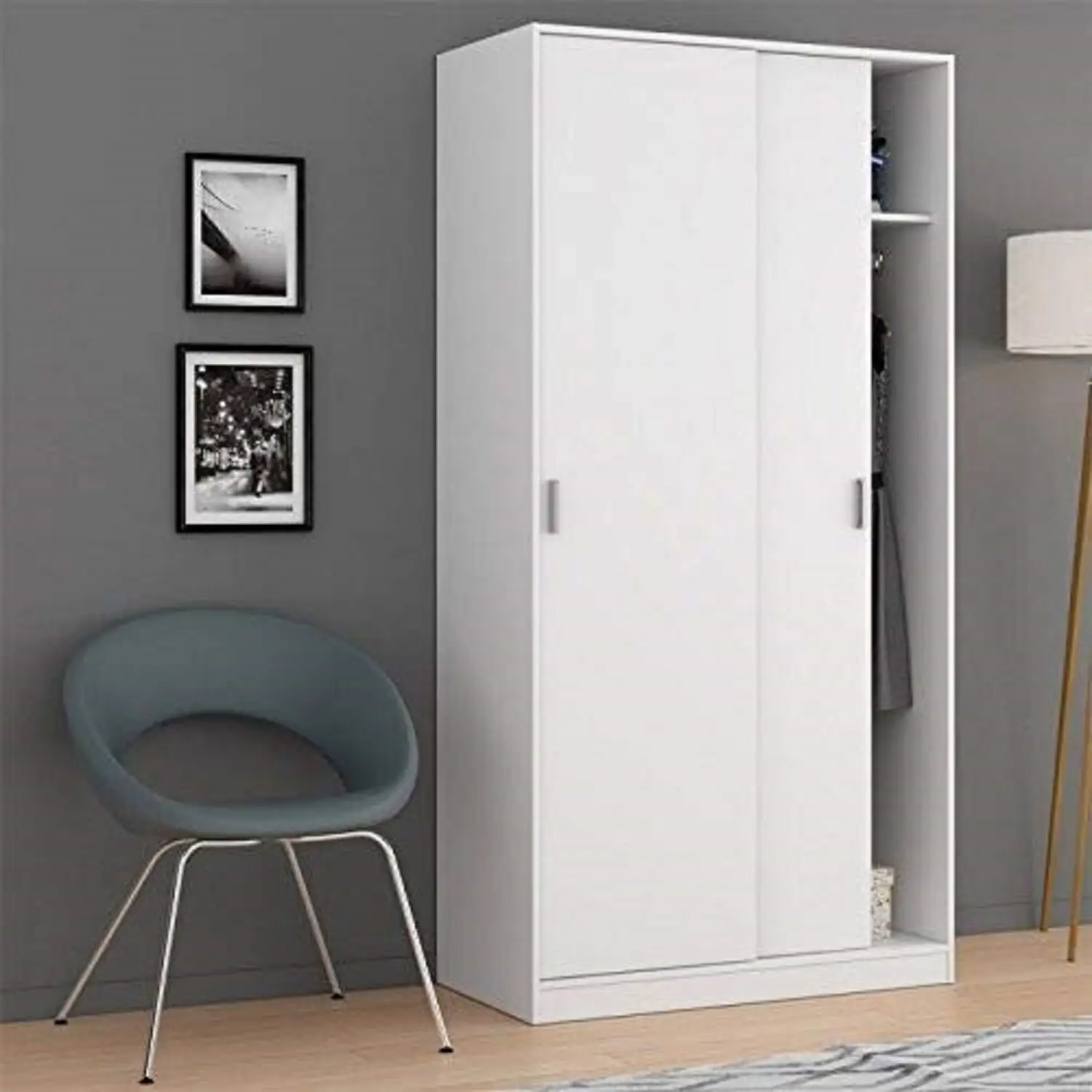 Armadio Guardaroba Vestiti 2 Ante Scorrevoli 1 Ripiano 1 Appendiabiti Salvaspazio Martos  Con Maniglie In Metallo  Ideale Per Arredare Camera Da Letto Stanza Arredo 100 x 200 x 50 Cm Colore Bianco