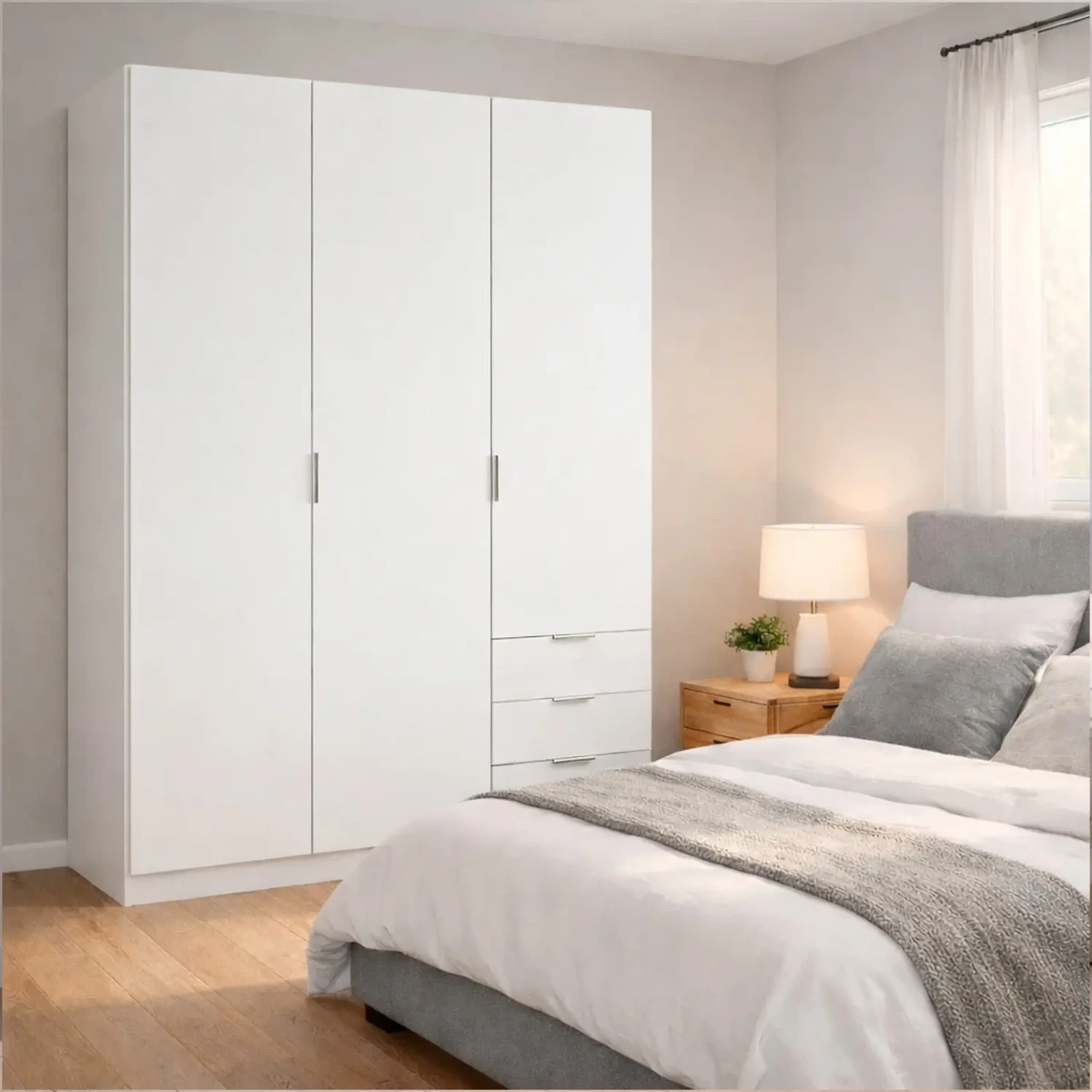 Armadio Guardaroba Vestiti 3 Ante Battenti 4 Ripiani E 3 Cassetti Con Barra Appendiabiti Salvaspazio Per Camera Da Letto Stanza Matrimoniale Design Moderno 200x52x135Cm