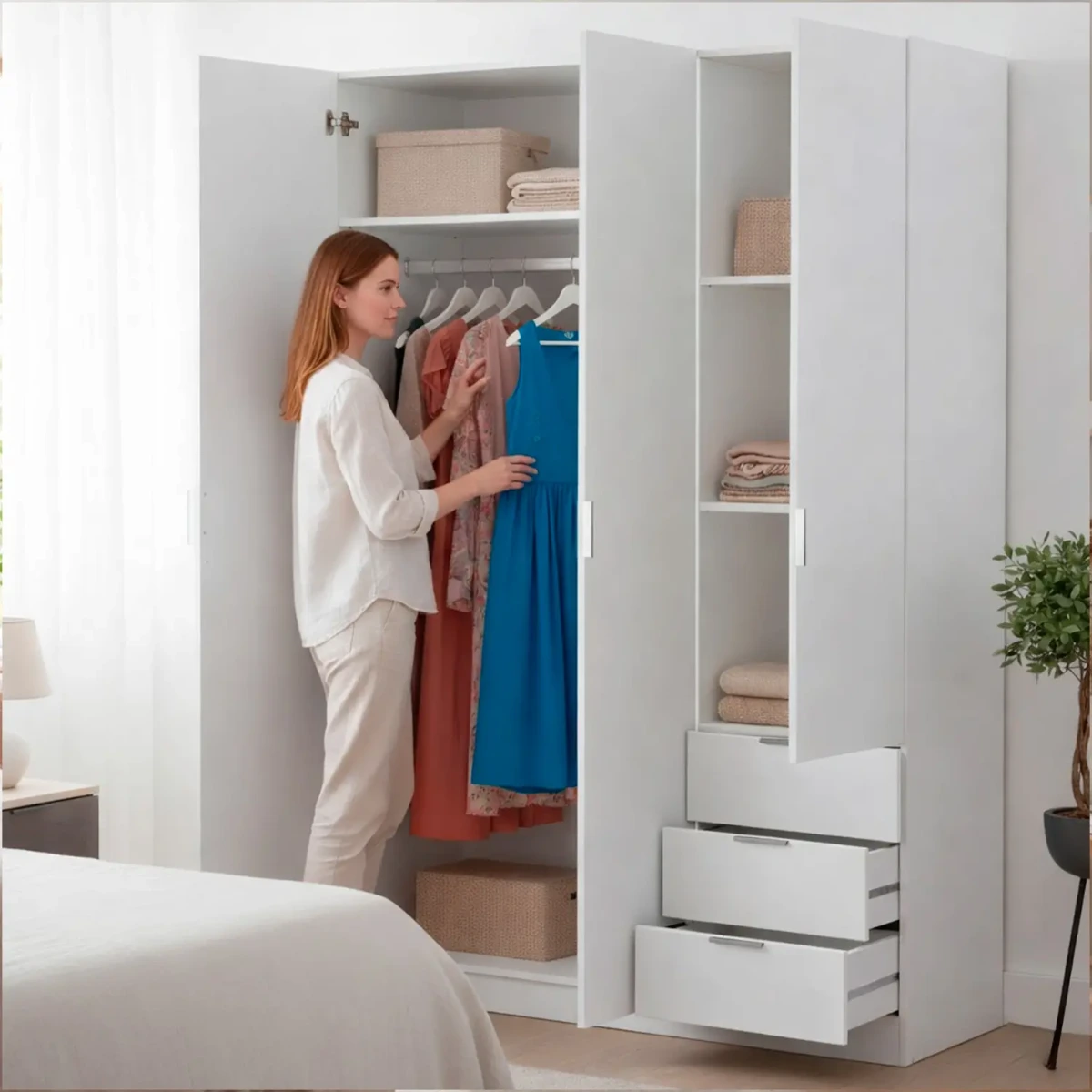 Armadio Guardaroba Vestiti 3 Ante Battenti 4 Ripiani E 3 Cassetti Con Barra Appendiabiti Salvaspazio Per Camera Da Letto Stanza Matrimoniale Design Moderno 200x52x135Cm
