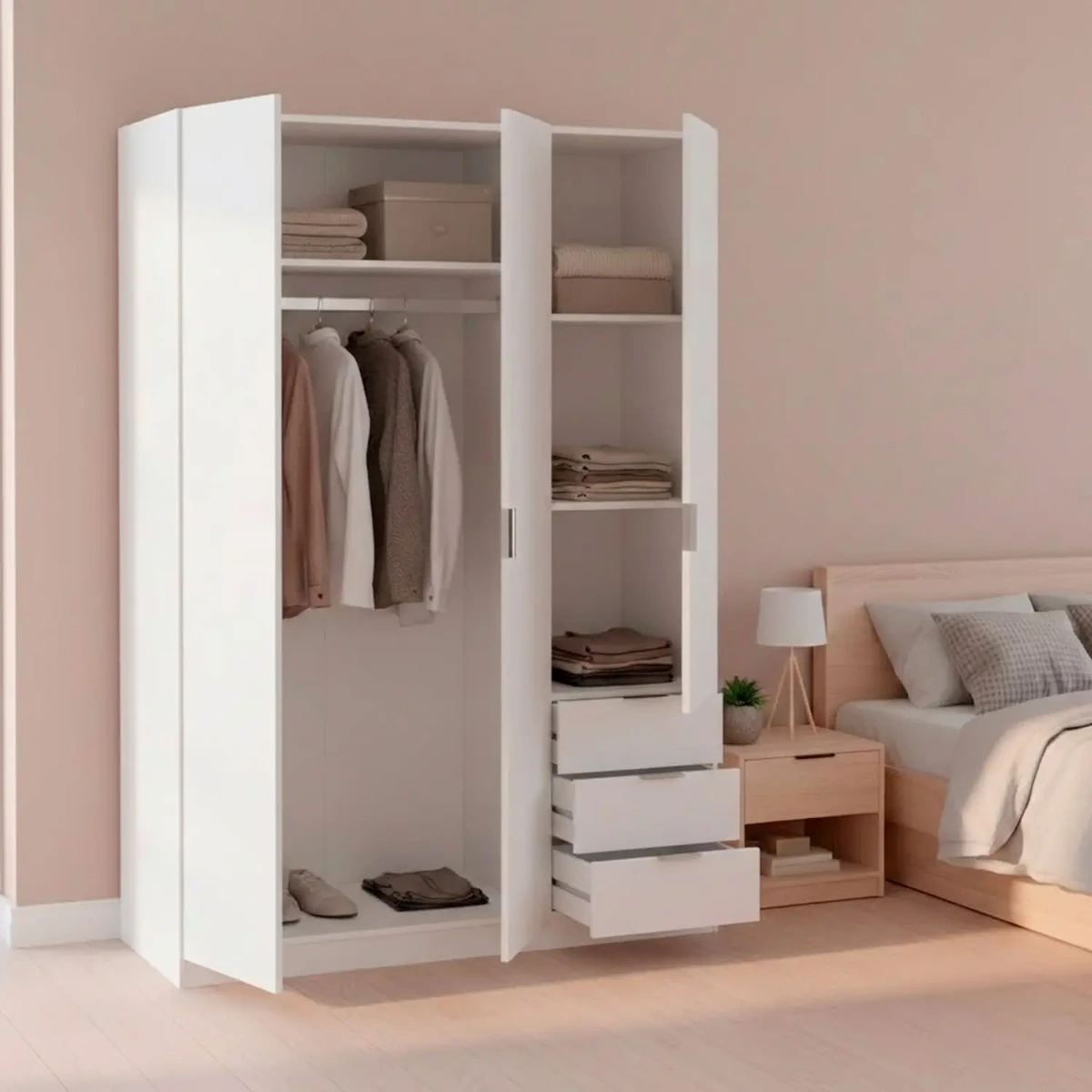 Armadio Guardaroba Vestiti 3 Ante Battenti 4 Ripiani E 3 Cassetti Con Barra Appendiabiti Salvaspazio Per Camera Da Letto Stanza Matrimoniale Design Moderno 200x52x135Cm
