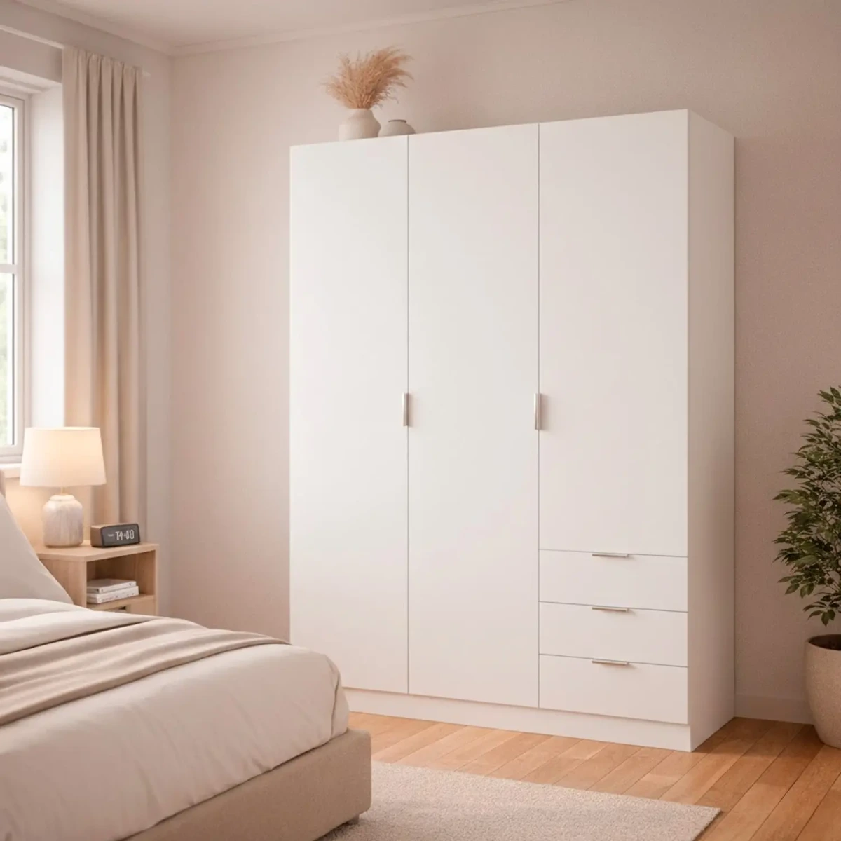 Armadio Guardaroba Vestiti 3 Ante Battenti 4 Ripiani E 3 Cassetti Con Barra Appendiabiti Salvaspazio Per Camera Da Letto Stanza Matrimoniale Design Moderno 200x52x135Cm