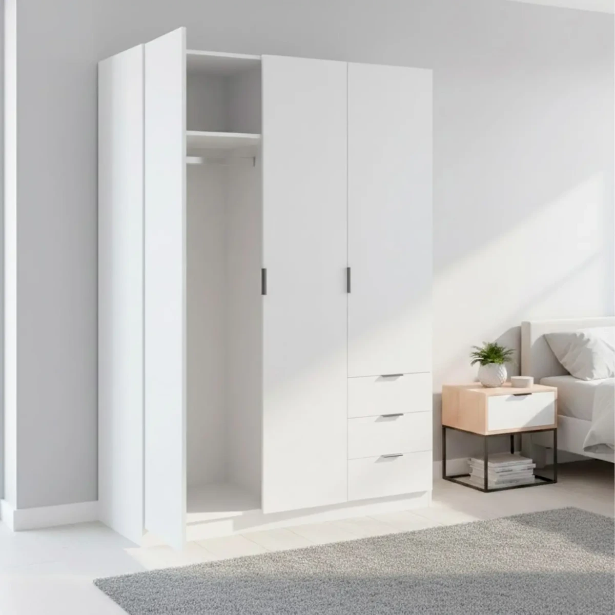 Armadio Guardaroba Vestiti 3 Ante Battenti 4 Ripiani E 3 Cassetti Con Barra Appendiabiti Salvaspazio Per Camera Da Letto Stanza Matrimoniale Design Moderno 200x52x135Cm