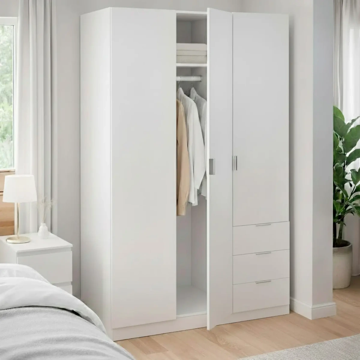 Armadio Guardaroba Vestiti 3 Ante Battenti 4 Ripiani E 3 Cassetti Con Barra Appendiabiti Salvaspazio Per Camera Da Letto Stanza Matrimoniale Design Moderno 200x52x135Cm