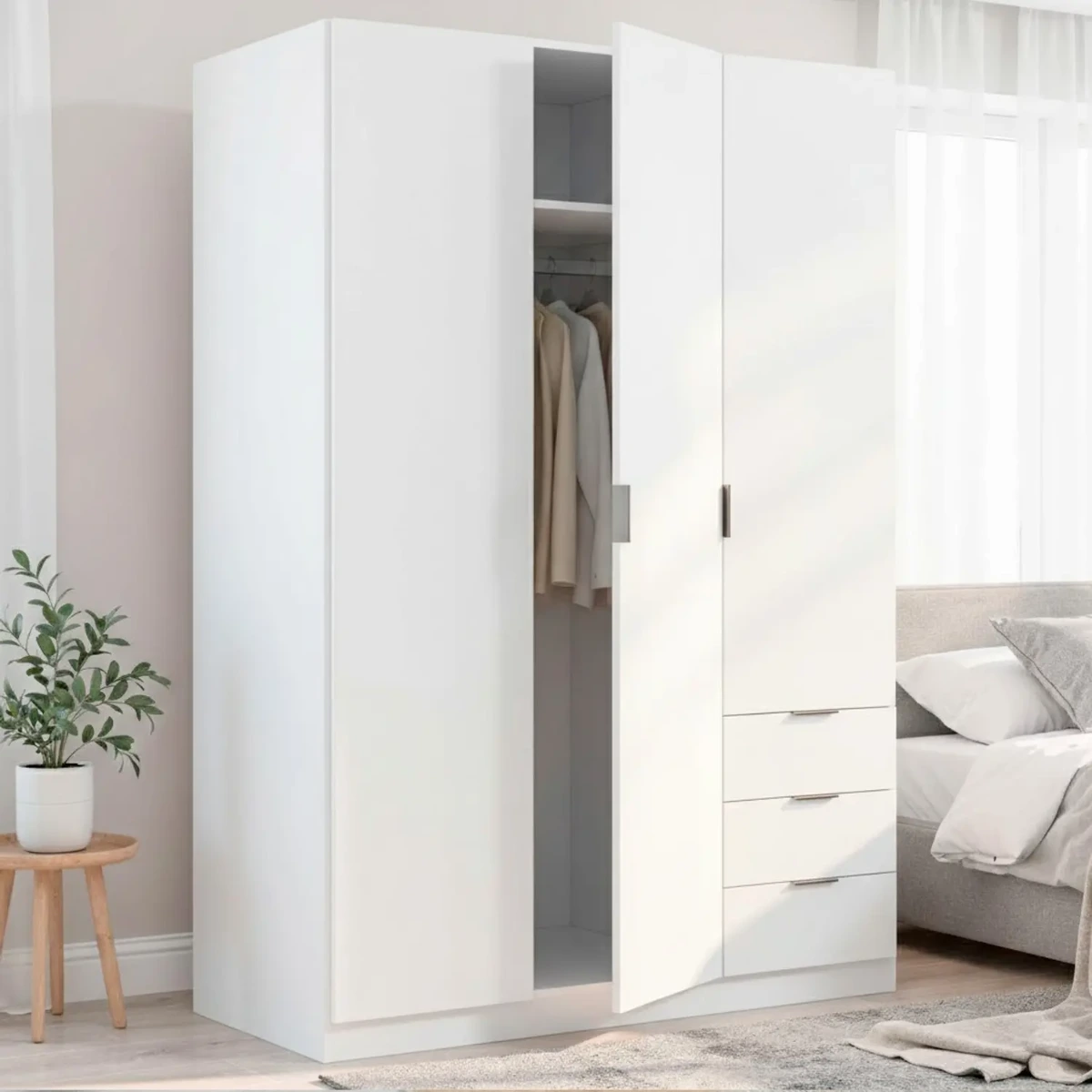 Armadio Guardaroba Vestiti 3 Ante Battenti 4 Ripiani E 3 Cassetti Con Barra Appendiabiti Salvaspazio Per Camera Da Letto Stanza Matrimoniale Design Moderno 200x52x135Cm