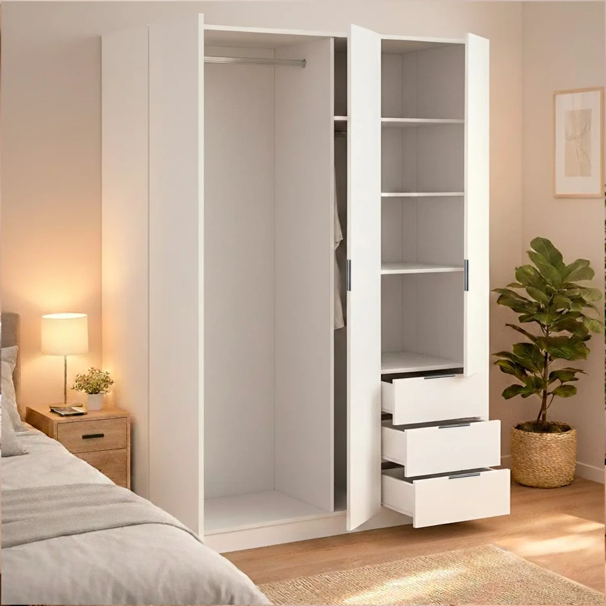 Armadio Guardaroba Vestiti 3 Ante Battenti 4 Ripiani E 3 Cassetti Con Barra Appendiabiti Salvaspazio Per Camera Da Letto Stanza Matrimoniale Design Moderno 200x52x135Cm