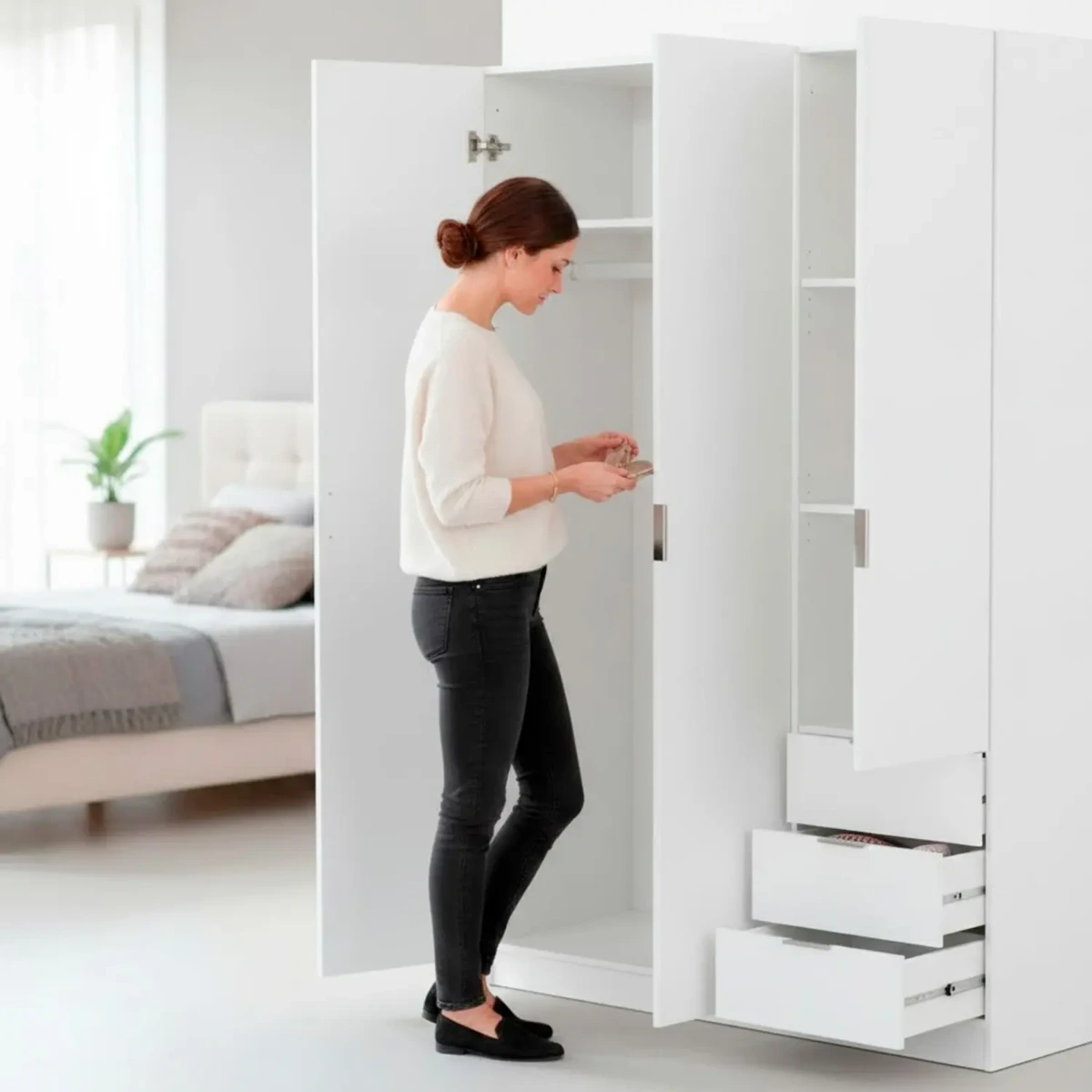 Armadio Guardaroba Vestiti 3 Ante Battenti 4 Ripiani E 3 Cassetti Con Barra Appendiabiti Salvaspazio Per Camera Da Letto Stanza Matrimoniale Design Moderno 200x52x135Cm