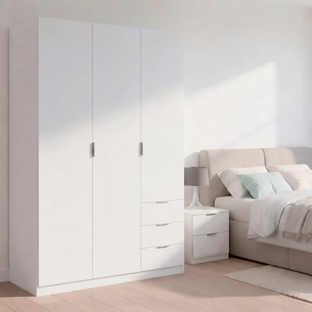 Armadio Guardaroba Vestiti 3 Ante Battenti 4 Ripiani E 3 Cassetti Con Barra Appendiabiti Salvaspazio Per Camera Da Letto Stanza Matrimoniale Design Moderno 200x52x135Cm
