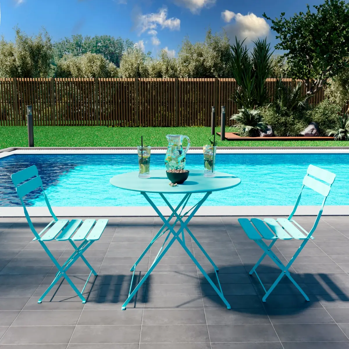 Set Bistrot 2 Sedie Con Tavolino Pieghevole Salvaspazio Salottino Salotto In Acciaio Per Patio Giardino Balcone Veranda Esterno Piscina Terrazzo Arredo Design Retro Industrial Azzurro