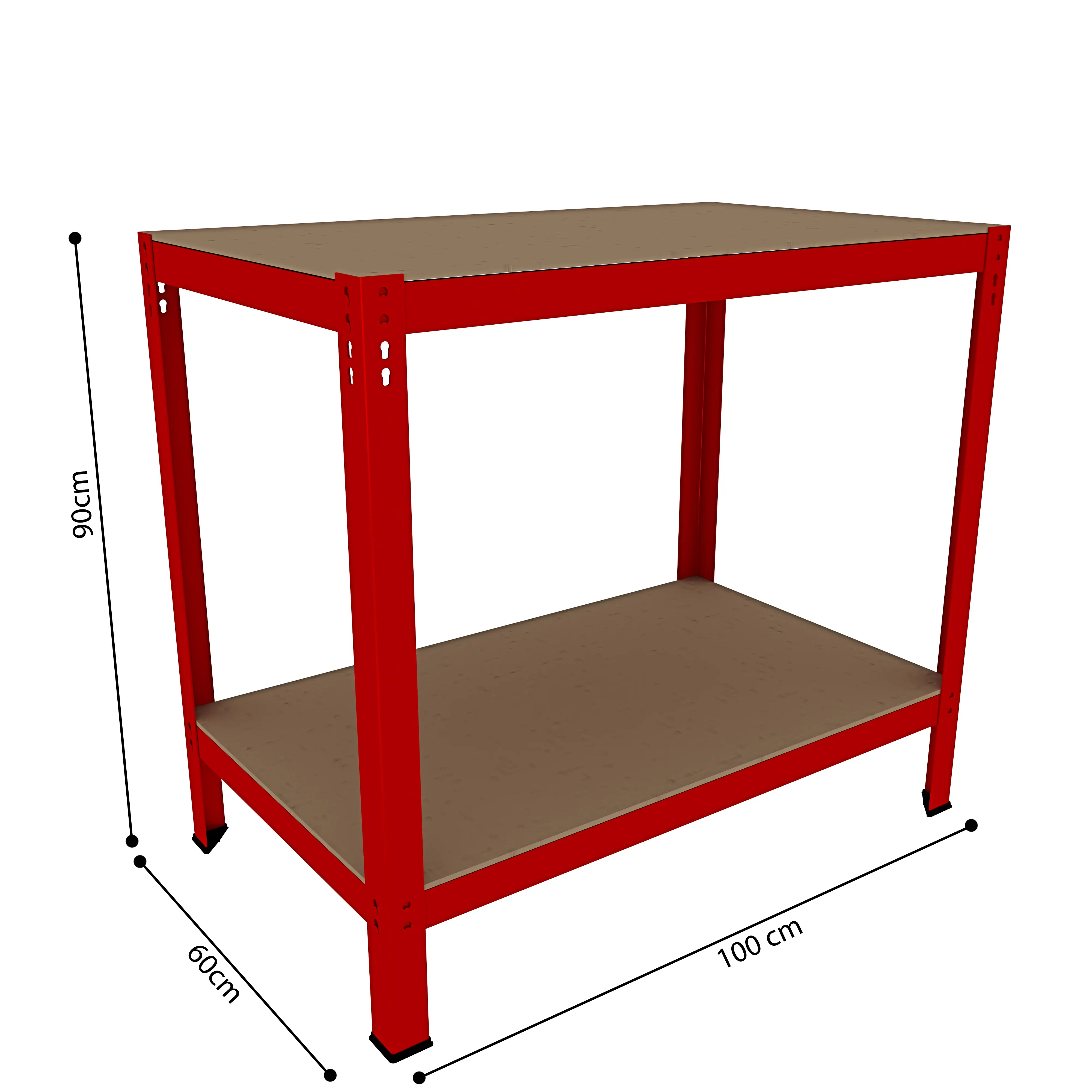 Banco Tavolo Da Lavoro Senza Bulloni In Acciaio Metallo e MDF Portata Fino a 550 Kg 2 Ripiani Regolabili Ideale Per Garage Officina Cantina Capannone Magazzino Design Modulare 90 x 100 x 60 cm Rosso