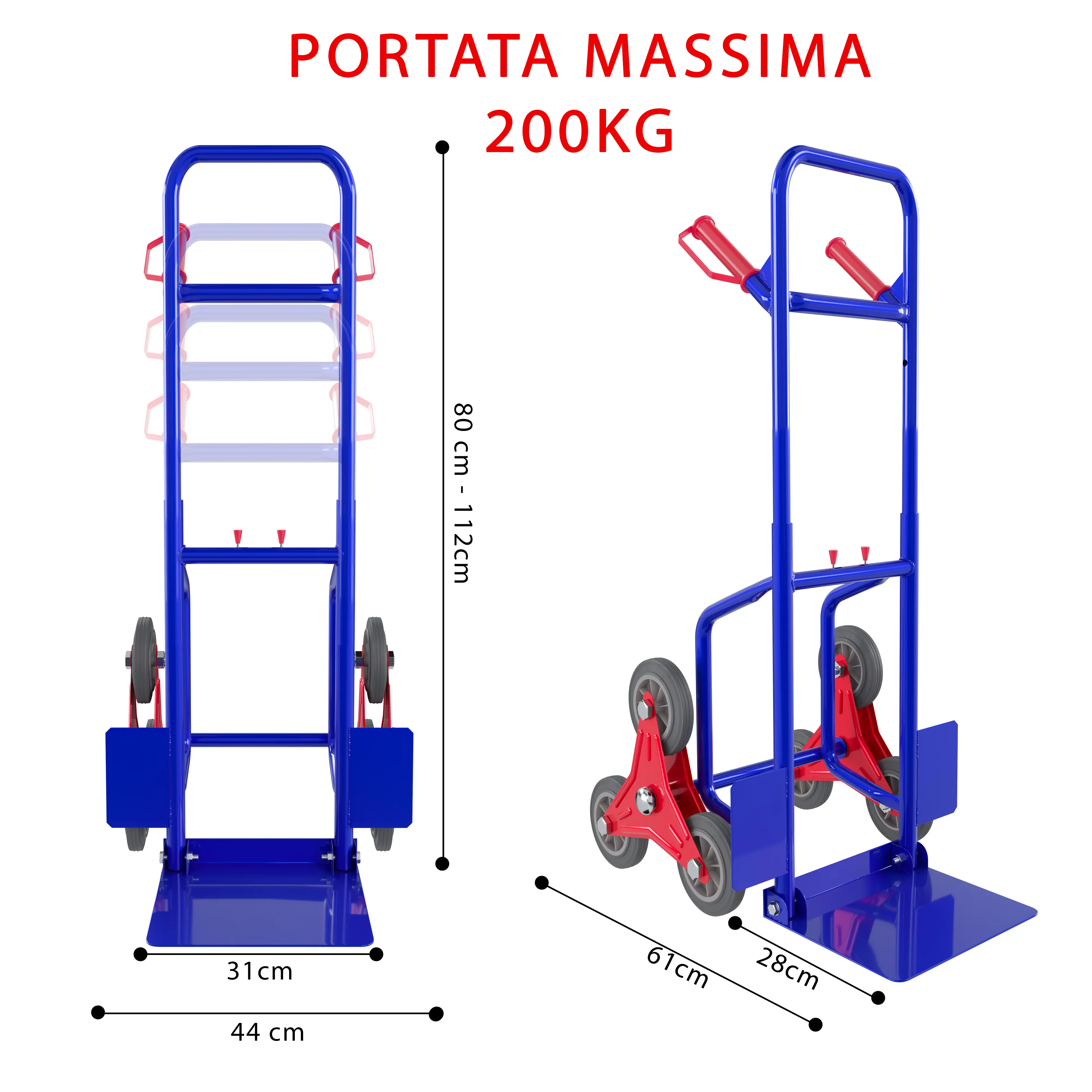 Carrello A Mano Montascale Portapacchi Portata Max 200 Kg Carrellino Pieghevole Impilatore In Acciaio Tubolare Ruote In Gomma Dura Trasporto Pacchi Grandi Portacasse Portasacchi 112 x 61 x 44 Cm Blu
