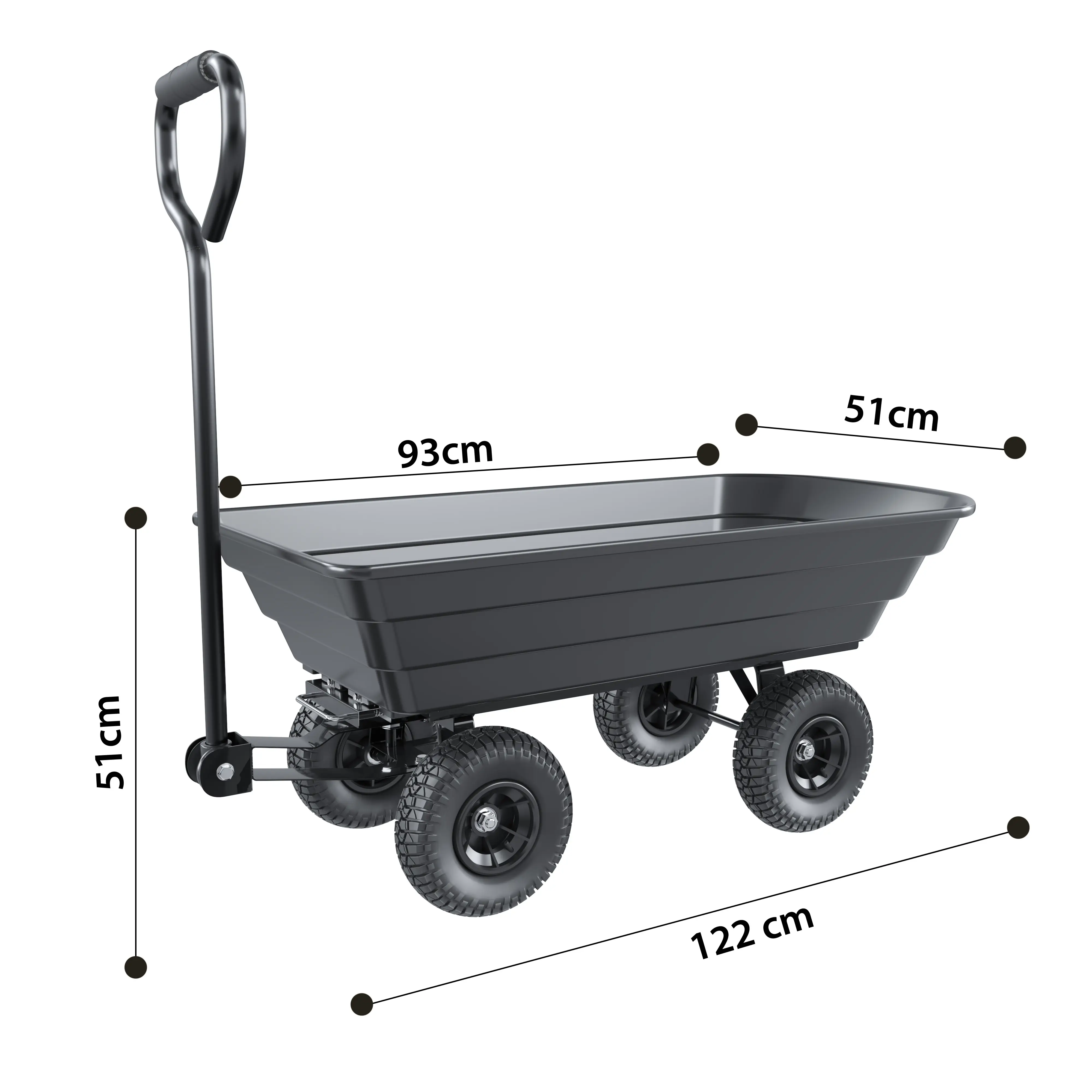 Carrello Da Giardino Porta Attrezzi Portata 250 Kg Completamente Ribaltabile Con Rimorchio A Spinto Telaio In Acciaio E 4 Ruote Pneumatiche Carriola Trasporto Materiali Esterno Colore Nero