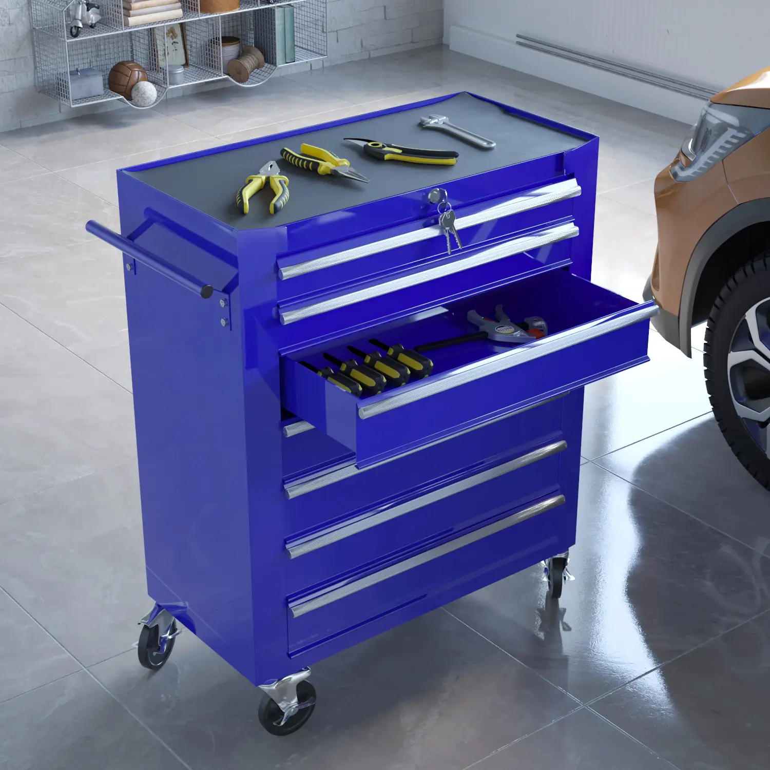 Carrello Da Officina Con 7 Scomparti In Metallo Cassetti Con Serratura Centralizzata Rivestimento Antiscivolo E Ruote Con Freno Di Stazionamento Porta Attrezzi 77.5 x 33 x 70 Cm Blu