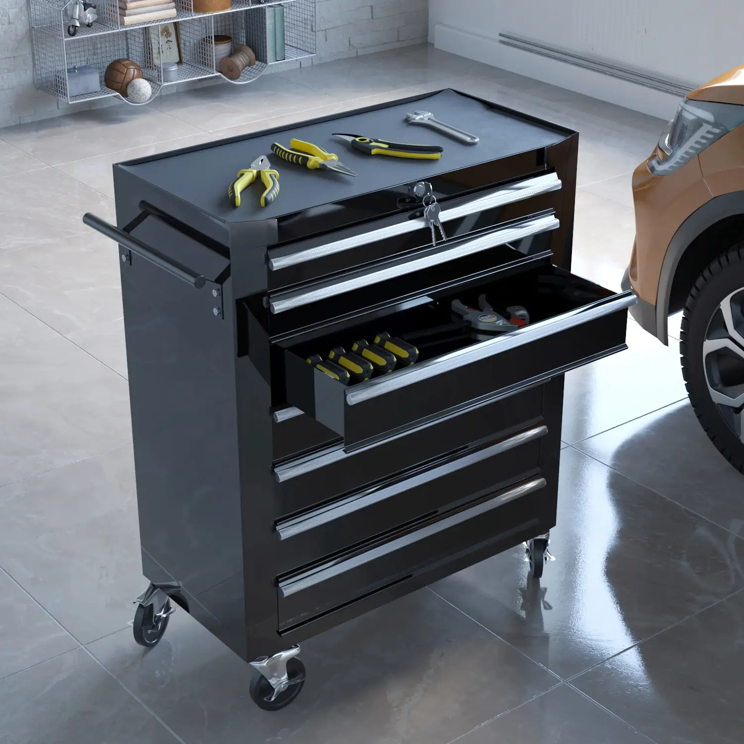 Carrello Da Officina Con 7 Scomparti In Metallo Cassetti Con Serratura Centralizzata Rivestimento Antiscivolo E Ruote Con Freno Di Stazionamento Porta Attrezzi 77.5 x 33 x 70 Cm Nero