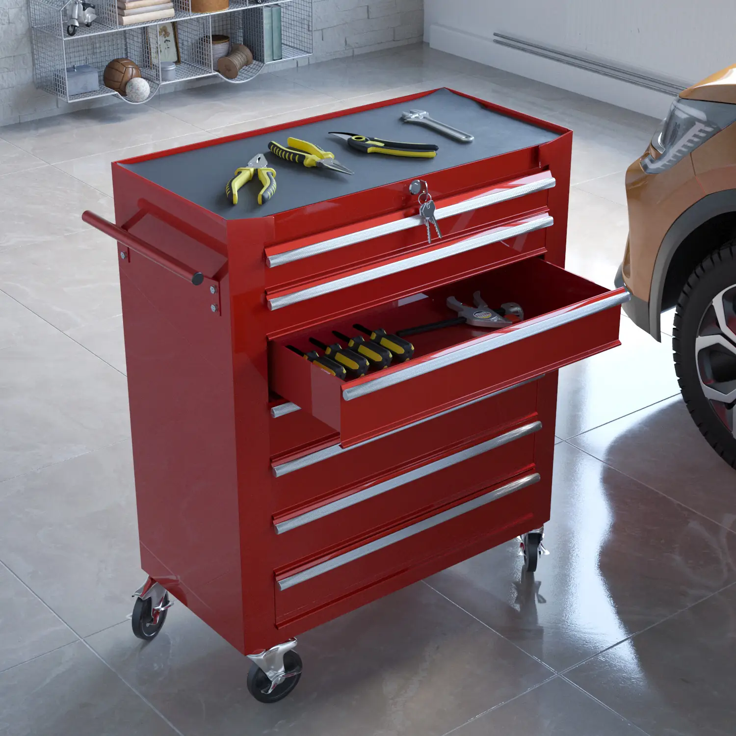 Carrello Da Officina Con 7 Scomparti In Metallo Cassetti Con Serratura Centralizzata Rivestimento Antiscivolo E Ruote Con Freno Di Stazionamento Porta Attrezzi 77.5 x 33 x 70 Cm Rosso