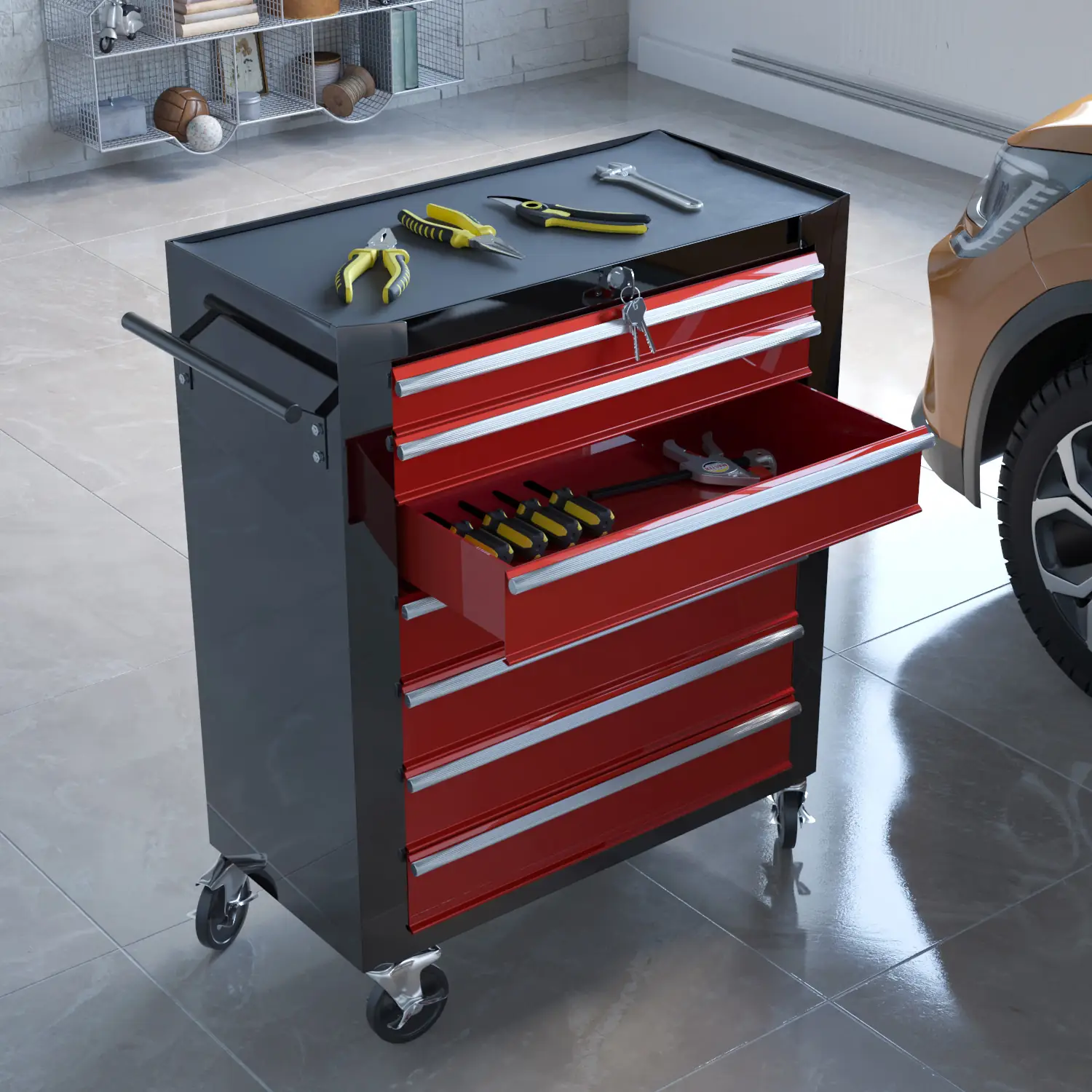 Carrello Da Officina Con 7 Scomparti In Metallo Cassetti Con Serratura Centralizzata Rivestimento Antiscivolo E Ruote Con Freno Di Stazionamento Porta Attrezzi 77.5 x 33 x 70 Cm Rosso e Nero