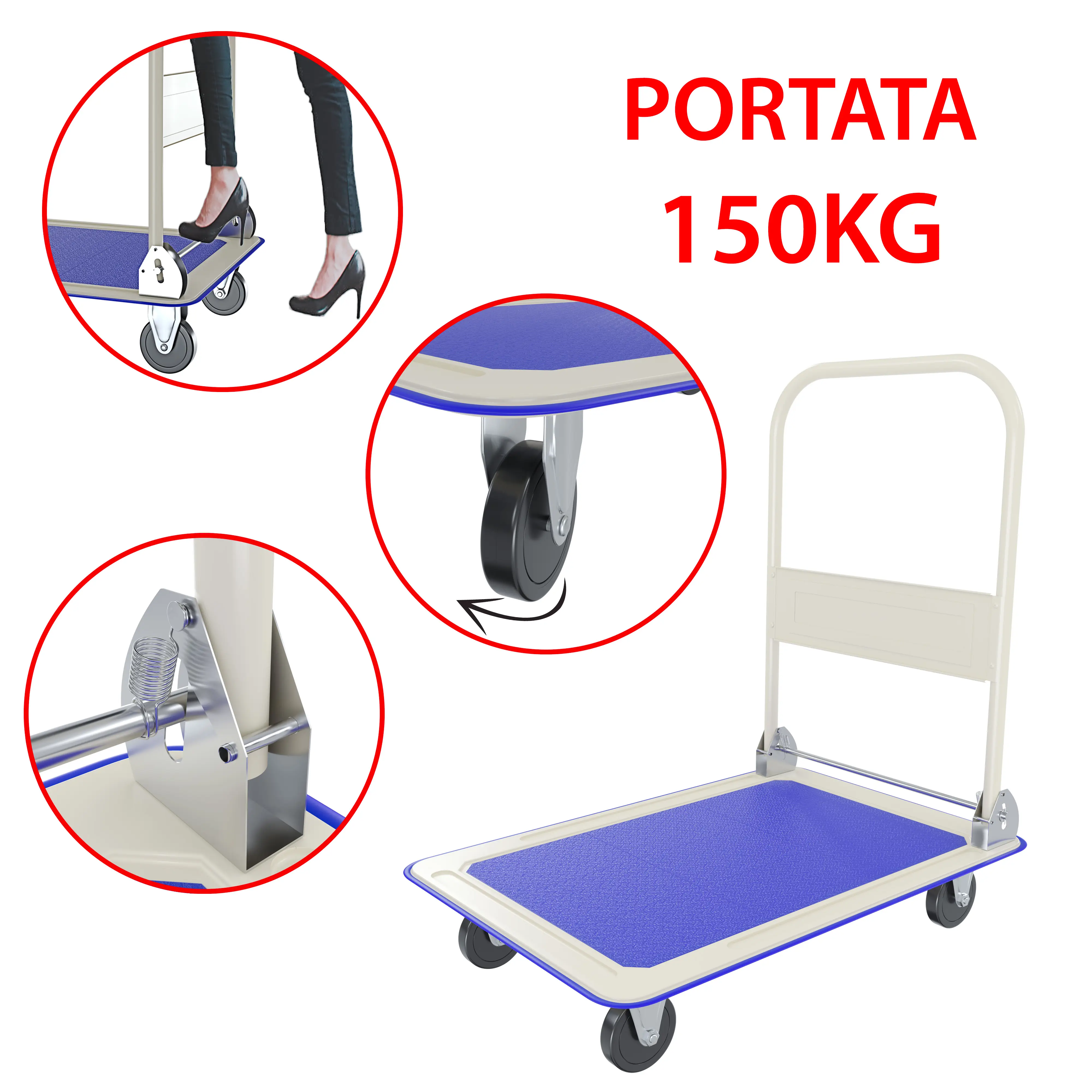 Carrello Richiudibile Pieghevole Tuttofare Portata 150 Kg Con 4 Ruote Carrellino Trasportatore A Piattaforma Pianale In Acciaio Rivestimento Antiscivolo Portapacchi Per Trasporto 82 x 48 x 72 Cm Blu