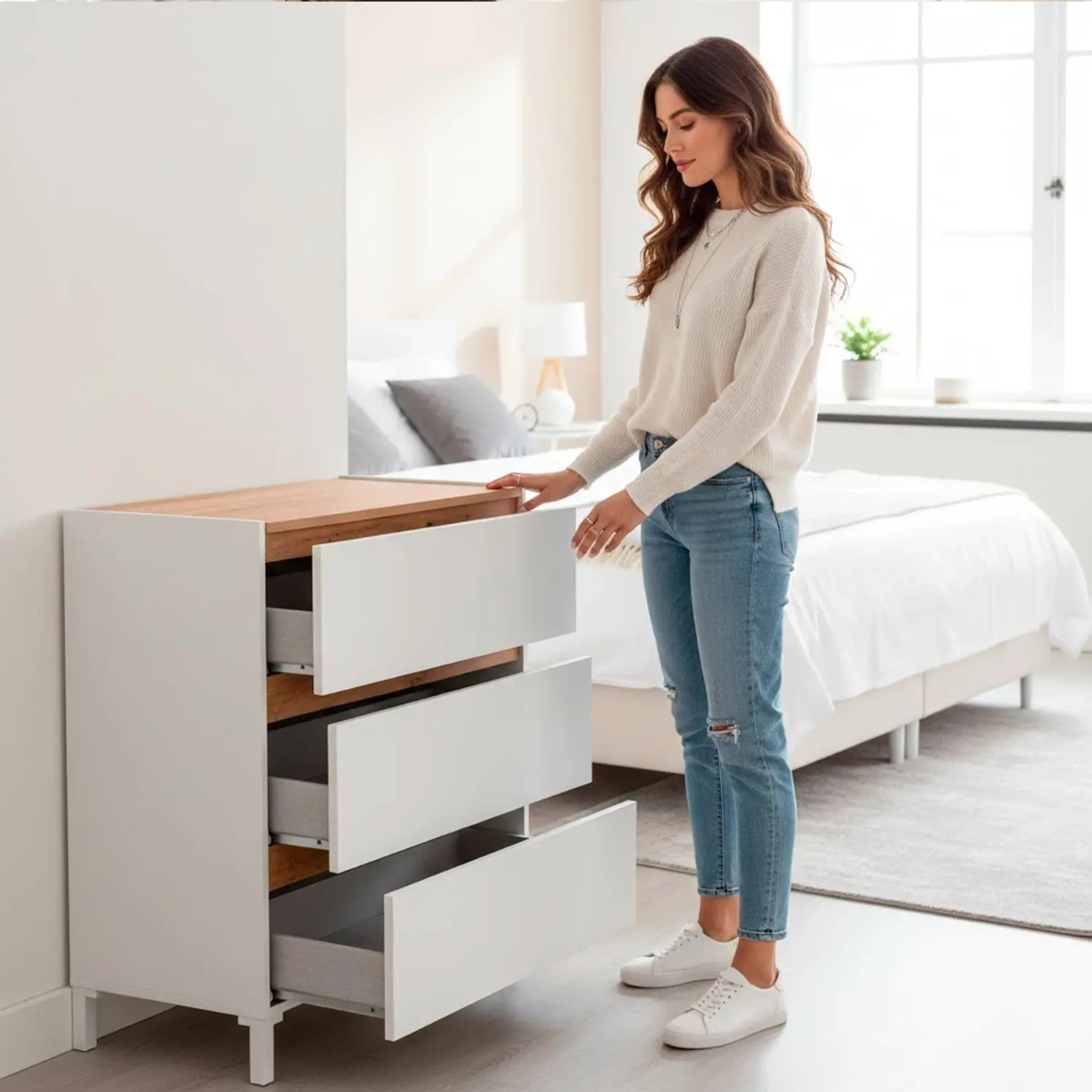 Cassettiera Stile Nordico A 3 Cassetti Gambe Rialzate E Guide Metalliche Mobile Camera da Letto Con Ampio Spazio Contenitivo Design Moderno