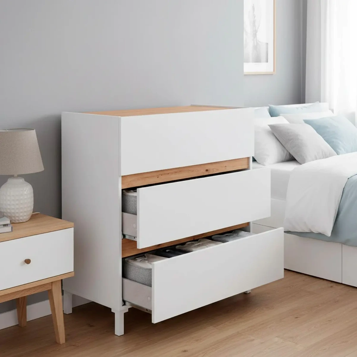 Cassettiera Stile Nordico A 3 Cassetti Gambe Rialzate E Guide Metalliche Mobile Camera da Letto Con Ampio Spazio Contenitivo Design Moderno