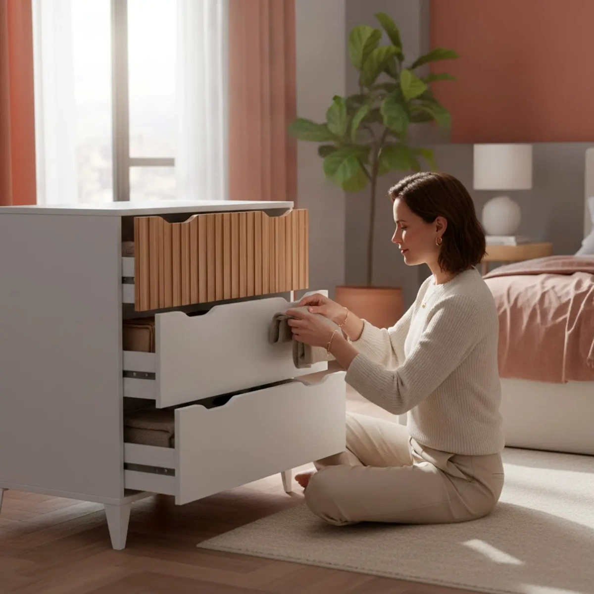 Cassettiera Stile Nordico Con 3 Cassetti Mobile Per Camera Da Letto Moderna Con Gambe Rialzate Mobile Design Scandinavo Zona Notte Salvaspazio 70.5 x 76 x 40 Cm