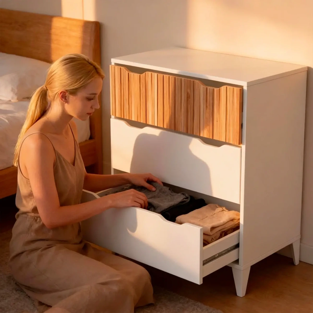 Cassettiera Stile Nordico Con 3 Cassetti Mobile Per Camera Da Letto Moderna Con Gambe Rialzate Mobile Design Scandinavo Zona Notte Salvaspazio 70.5 x 76 x 40 Cm