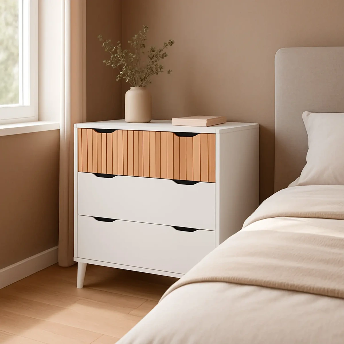 Cassettiera Stile Nordico Con 3 Cassetti Mobile Per Camera Da Letto Moderna Con Gambe Rialzate Mobile Design Scandinavo Zona Notte Salvaspazio 70.5 x 76 x 40 Cm