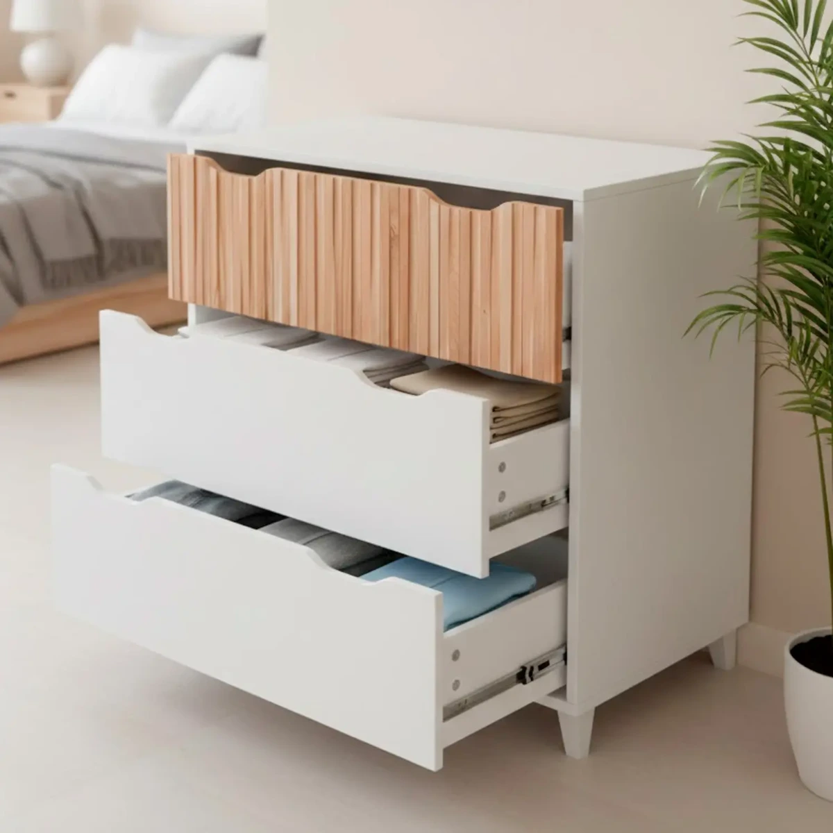 Cassettiera Stile Nordico Con 3 Cassetti Mobile Per Camera Da Letto Moderna Con Gambe Rialzate Mobile Design Scandinavo Zona Notte Salvaspazio 70.5 x 76 x 40 Cm