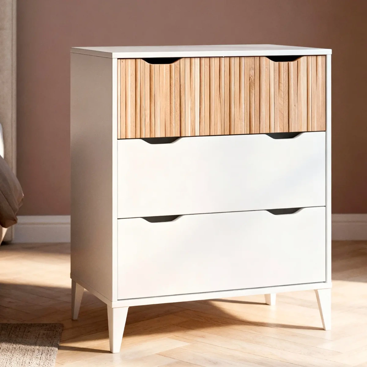 Cassettiera Stile Nordico Con 3 Cassetti Mobile Per Camera Da Letto Moderna Con Gambe Rialzate Mobile Design Scandinavo Zona Notte Salvaspazio 70.5 x 76 x 40 Cm