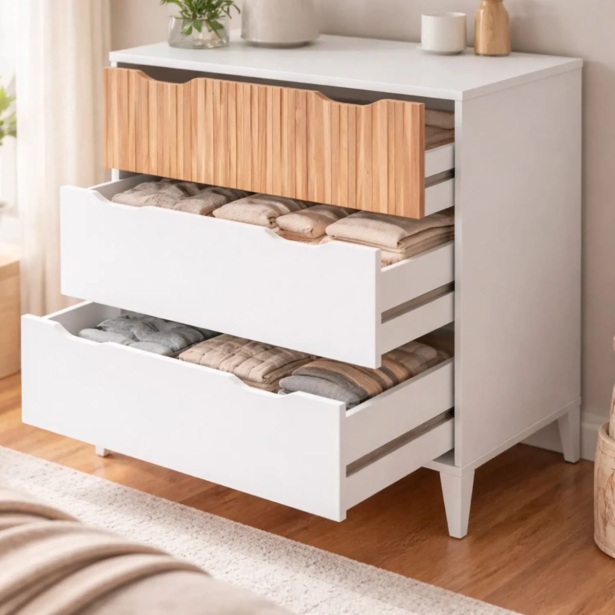 Cassettiera Stile Nordico Con 3 Cassetti Mobile Per Camera Da Letto Moderna Con Gambe Rialzate Mobile Design Scandinavo Zona Notte Salvaspazio 70.5 x 76 x 40 Cm