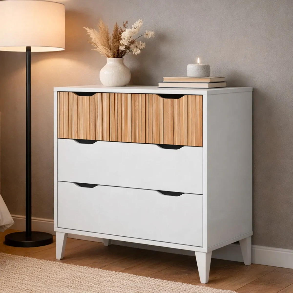Cassettiera Stile Nordico Con 3 Cassetti Mobile Per Camera Da Letto Moderna Con Gambe Rialzate Mobile Design Scandinavo Zona Notte Salvaspazio 70.5 x 76 x 40 Cm